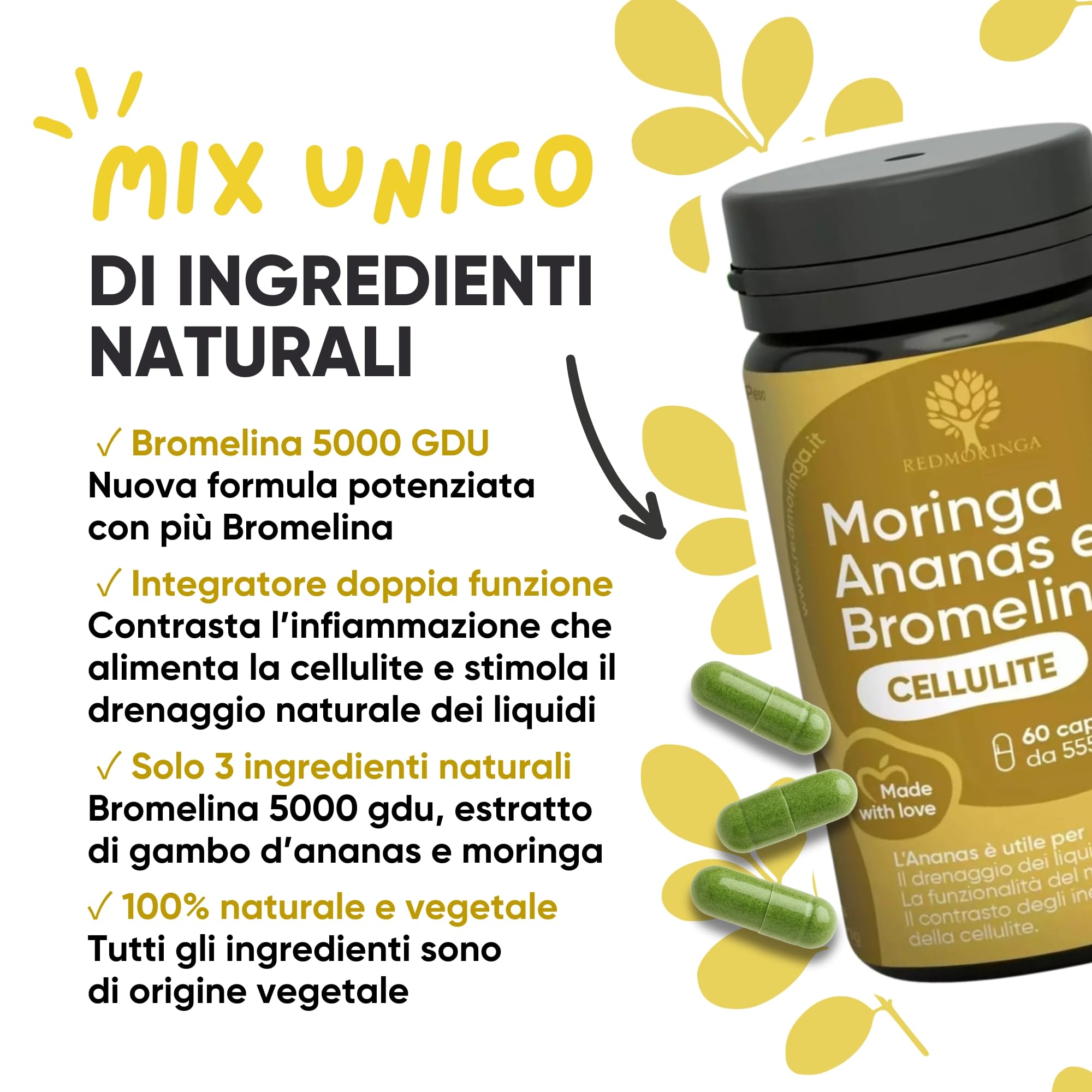 Bromelina Forte Drenante 5000 GDU - NUOVA FORMULA 100% Naturale Drenante Anticellulite | Bromelina Integratore Cellulite con Moringa Bio e Ananas | 60 Capsule Vegane Made in Italy | RedMoringa
