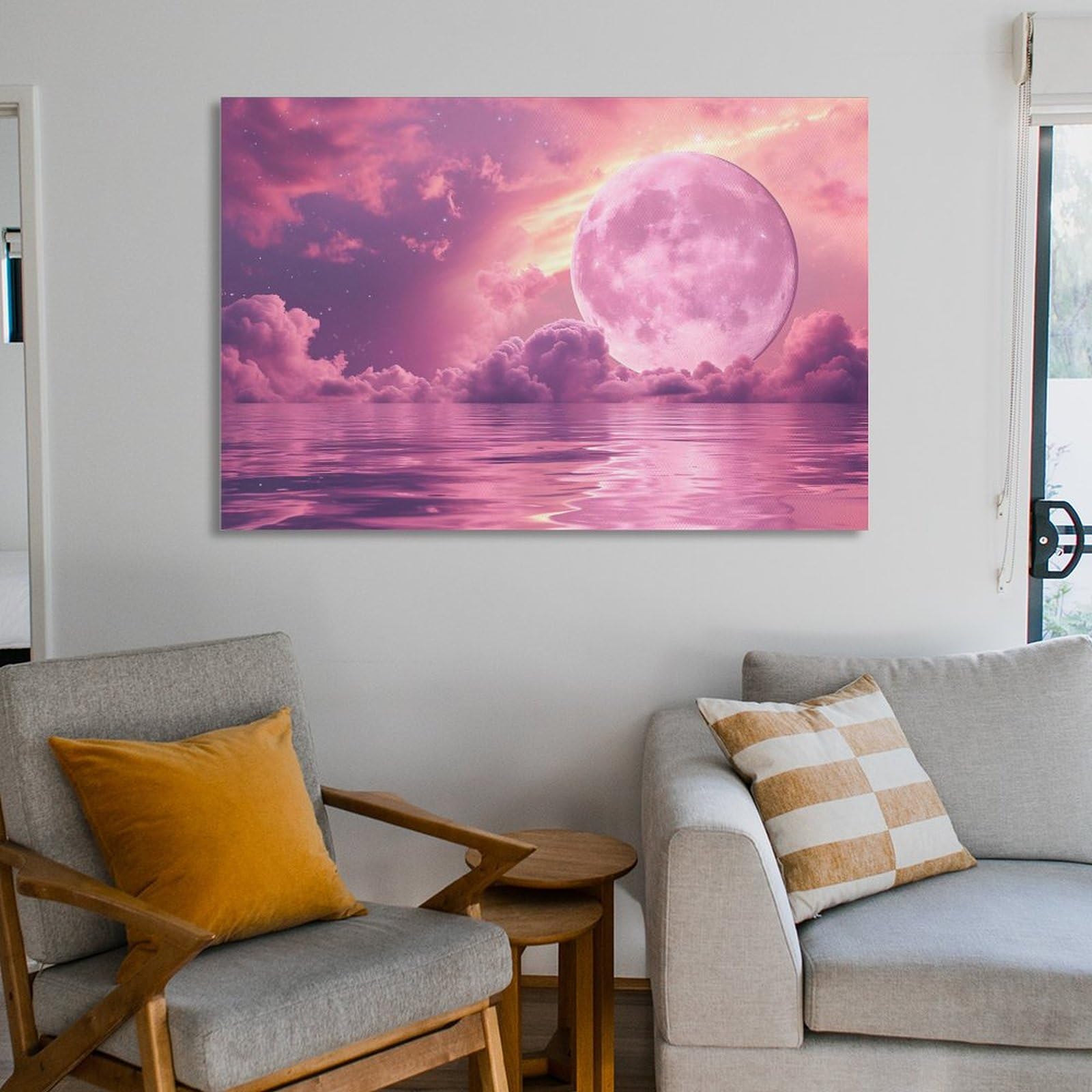 Amazon.co.jp: 絵画 ピンクの霧の月インテリア 絵画 美しい海の景色