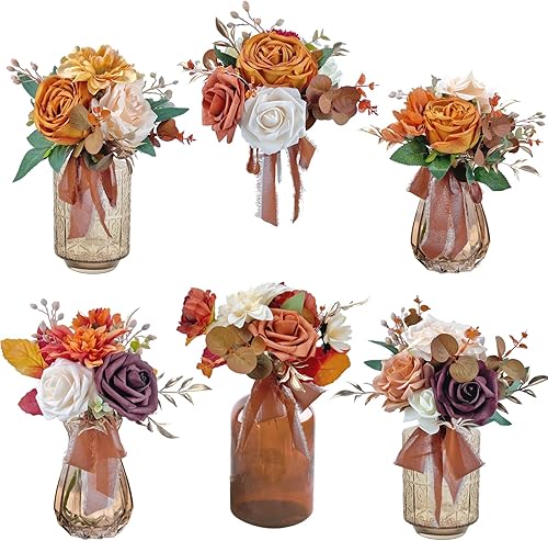 CherishedMoments Juego de 6 centros de mesa de flores surtidas, mini flores florales para decoración de mesa de boda de otoño, ramos de naranja