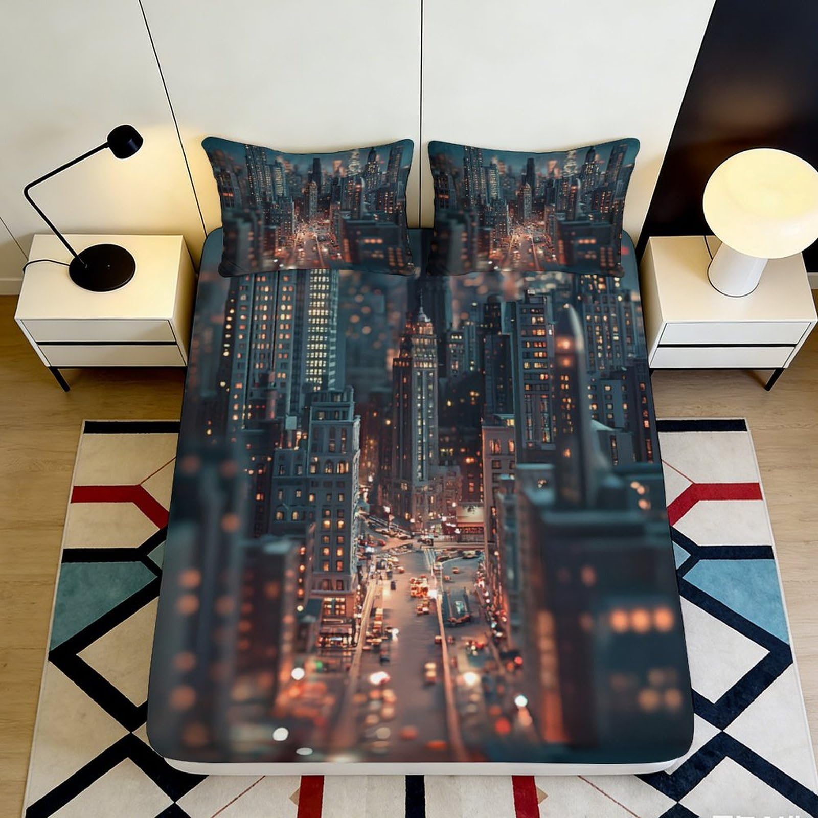 3D Printed City Nightscape Fitted Sheet Microfiber Urban Skyline Bed Cover Non Slip Bedroom Decor for Home Guest Room 90x200x25cm