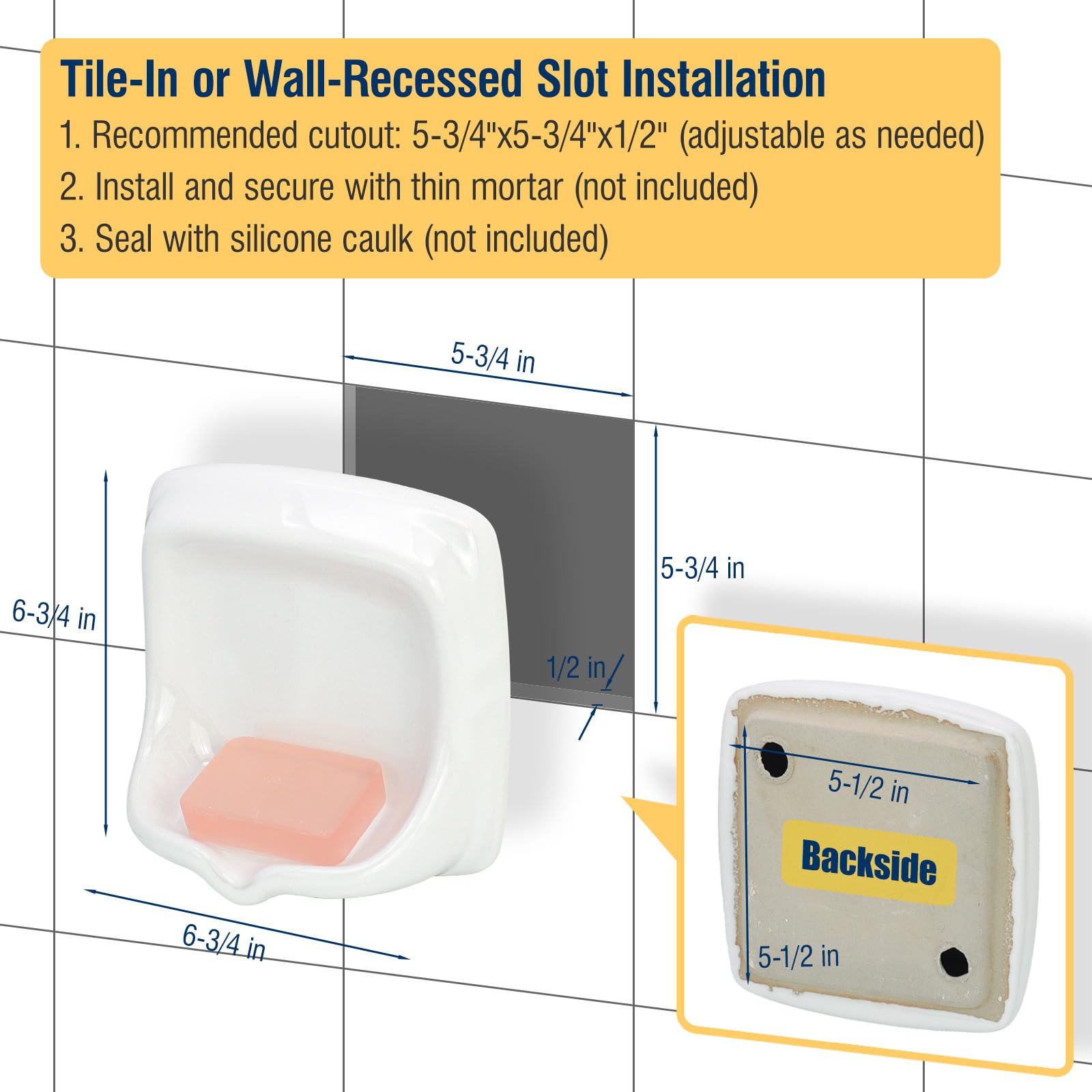 Jabonera clásica empotrada de cerámica – Soporte de jabón de montaje en pared resistente con diseño autodrenante, acabado blanco brillante – Fácil instalación de azulejos o azulejos para baño, ducha