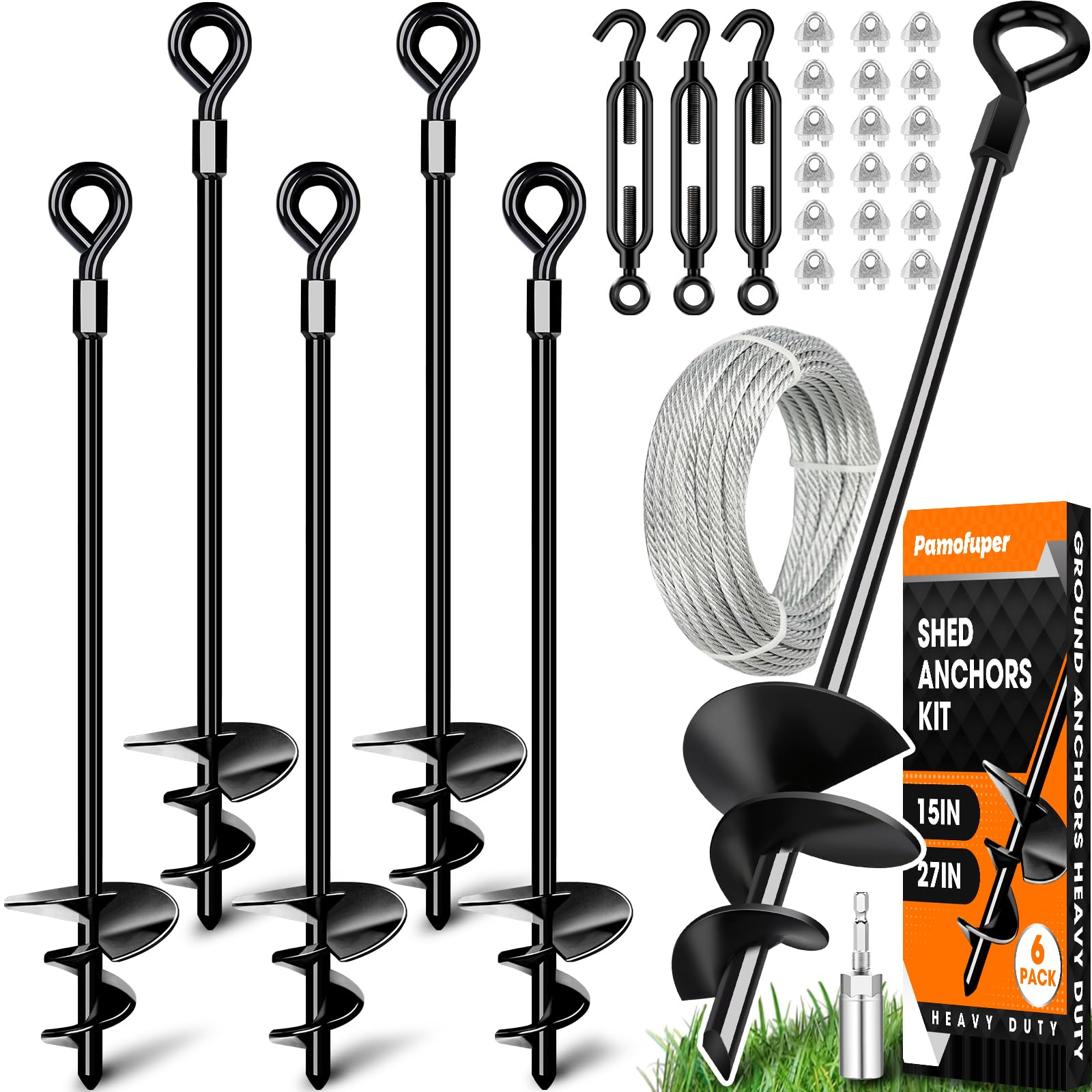Kit di ancoraggio a terra da 35,6 cm con cavo zincato da 3/16", con picchetti per trampolino, ancoraggio ad alto vento, ideali per tettoie, capannoni, porte auto, altalene, gazebo serra (35,6 cm da 6