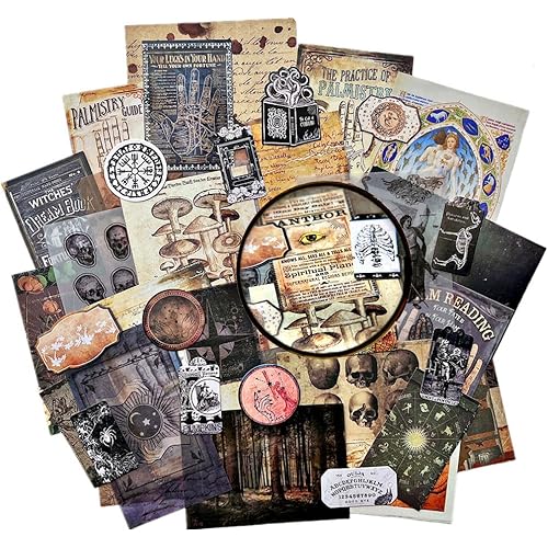 Vilikya Dark Academia Junk Journal Supplies, Vintage Skull Decoupage Paper for Scrapbook Kit, 45pcs Astrology Ephemera for Junk Journals, Mushroom Plant Materials for Room Decor Wall Collage Kit