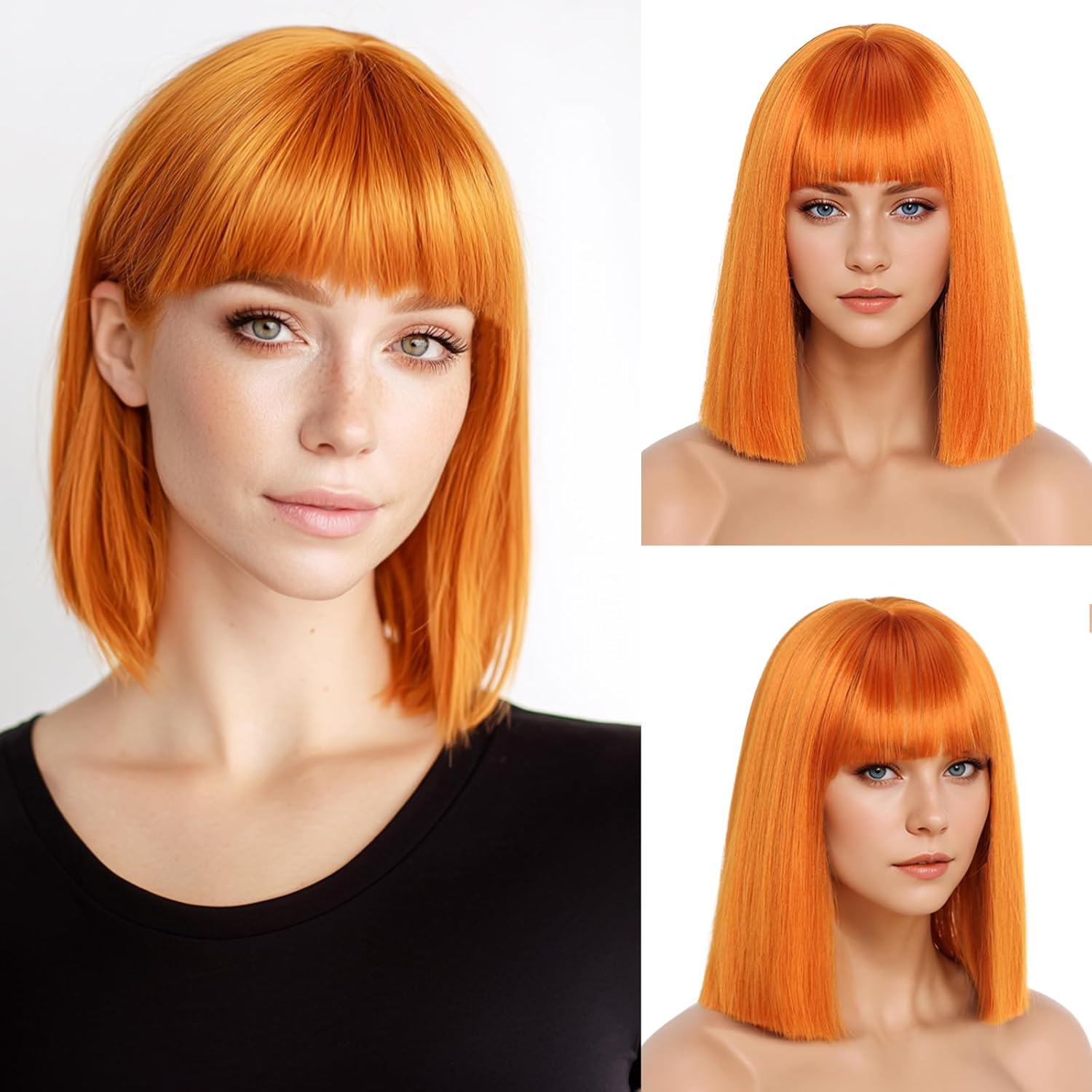 Orange Wig With Bangs Short Bob Straight Wigs for Women Shoulder Length Orange Natural Looking Synthetic Heat Resistant Fiber Wigs for Halloween Costumes Cosplay Daily Use(12 Inch)