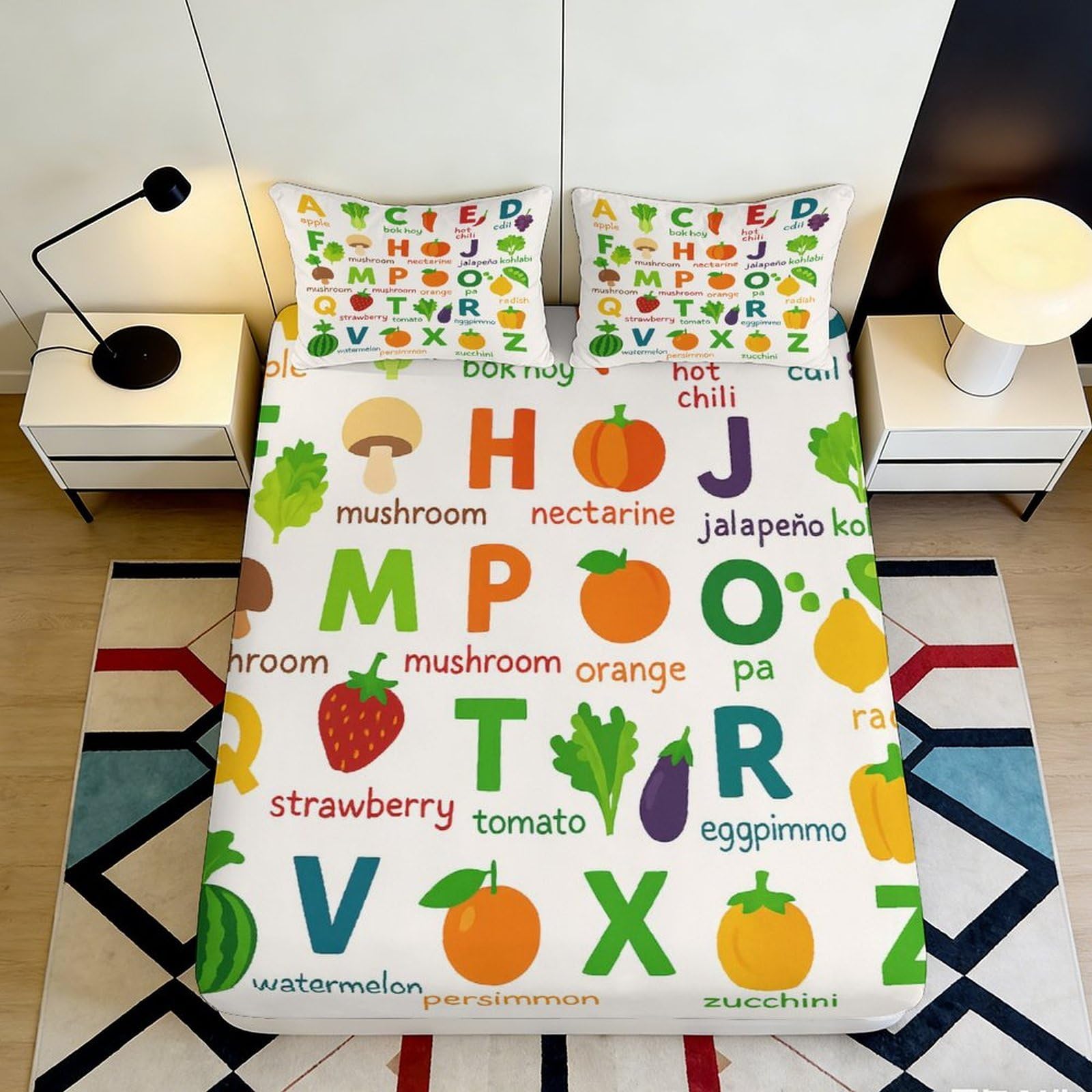 3D Printed Alphabet Fruit Fitted Sheet Microfiber Colorful Vegetable Bed Cover for Bedroom Guestroom Mattress Decor 90x200x25cm