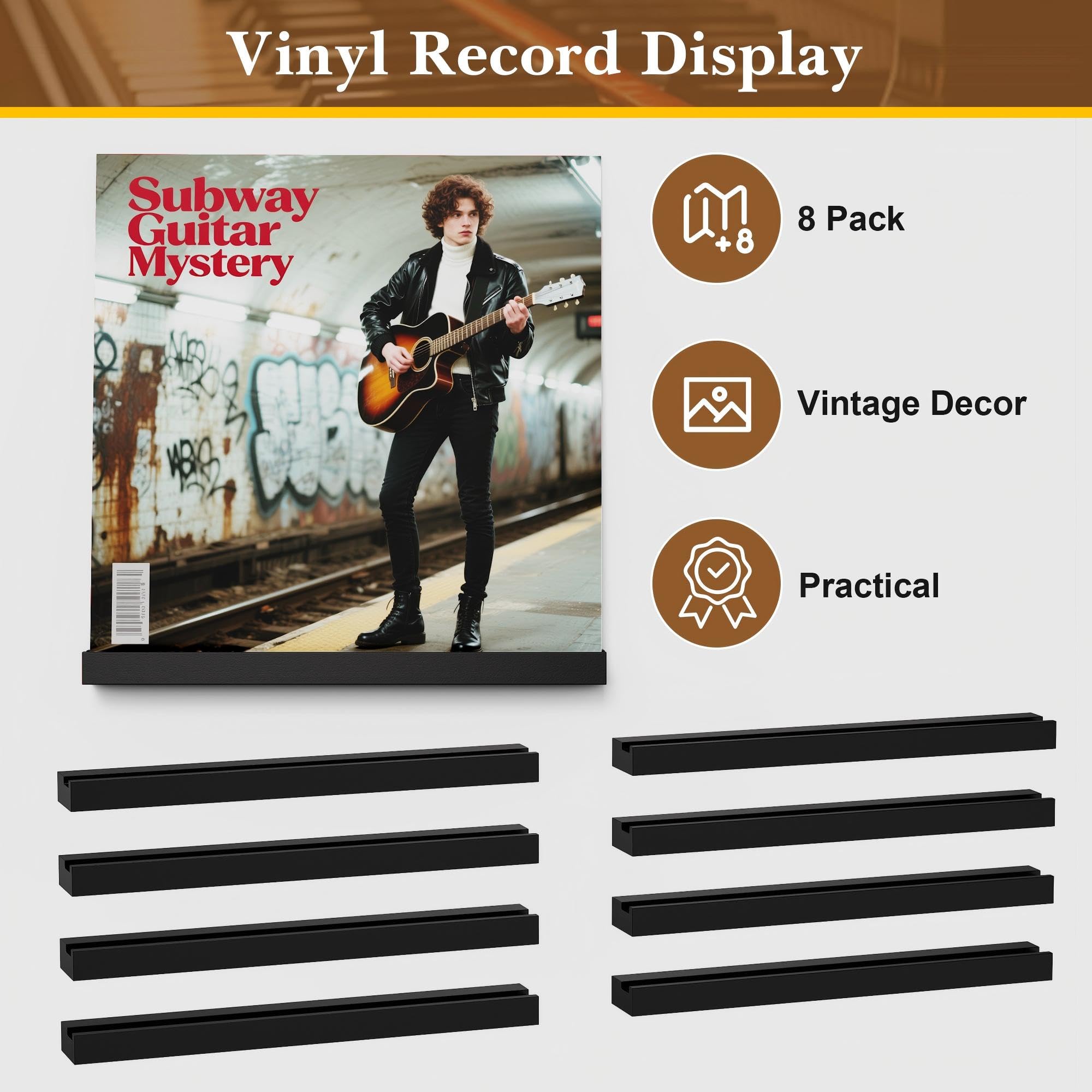 8 Pièces Porte-disques Mural en Bois, Rétro Supports Muraux pour 8 Vinyles, Porte-disques Mural pour Salon de Décoration, Affichage et Stockage, Collections (Noir)