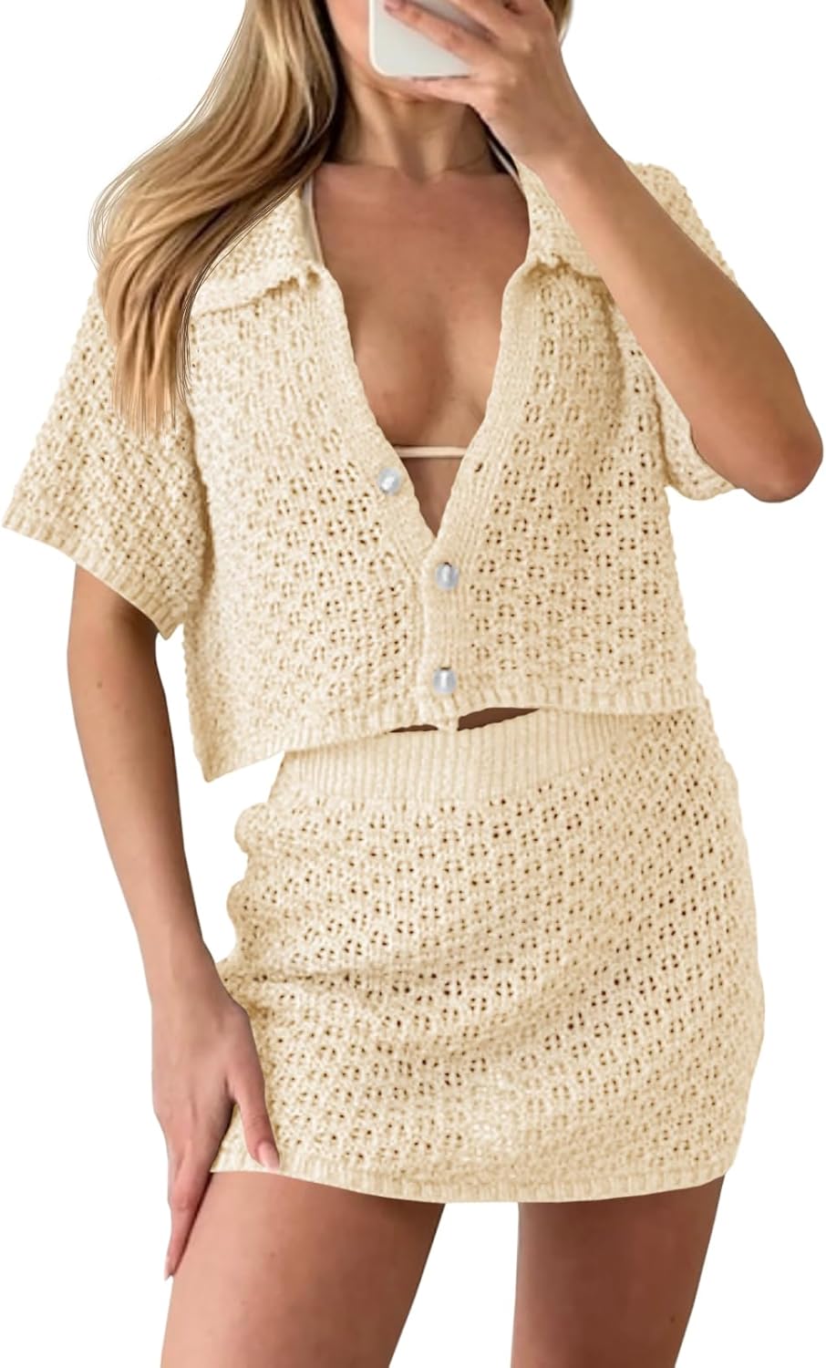 Saodimallsu Womens 2 Piece Cover Up Set Crochet Beach Summer Knit Button Short Sleeve Crop Top Mini Skirt Sets