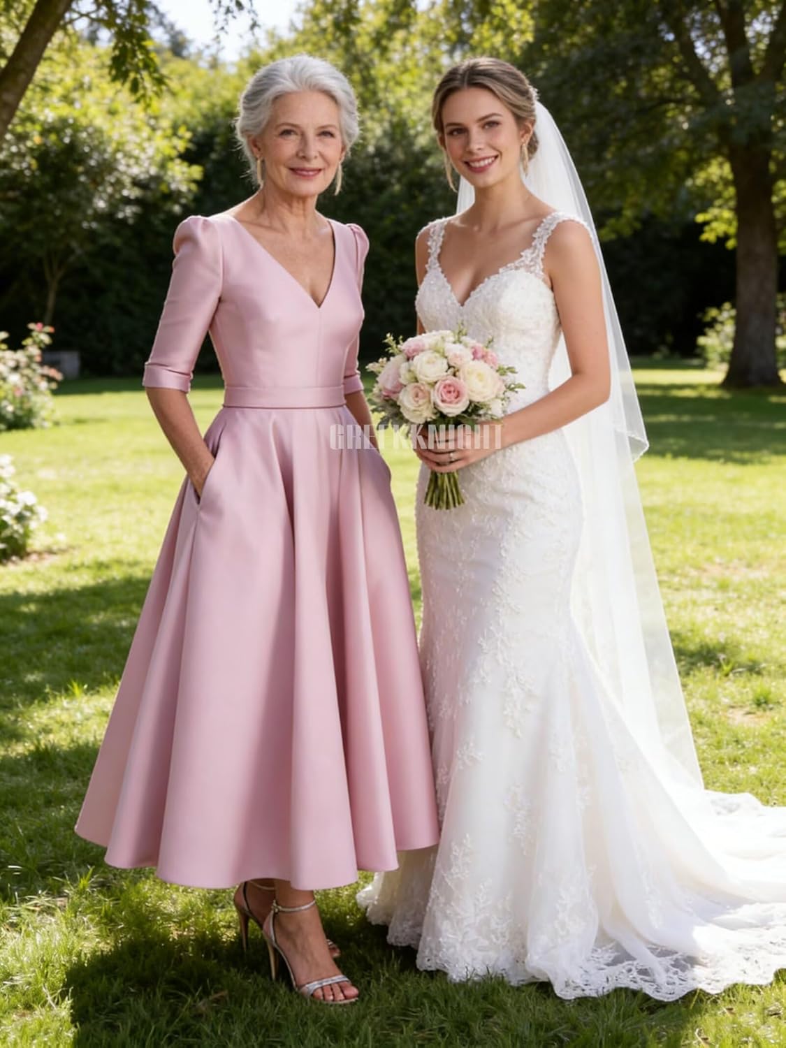 Women's Tea Length Mother of The Bride Dresses with Sleeves Satin V Neck Formal Evening Gown with Pockets - Image 5