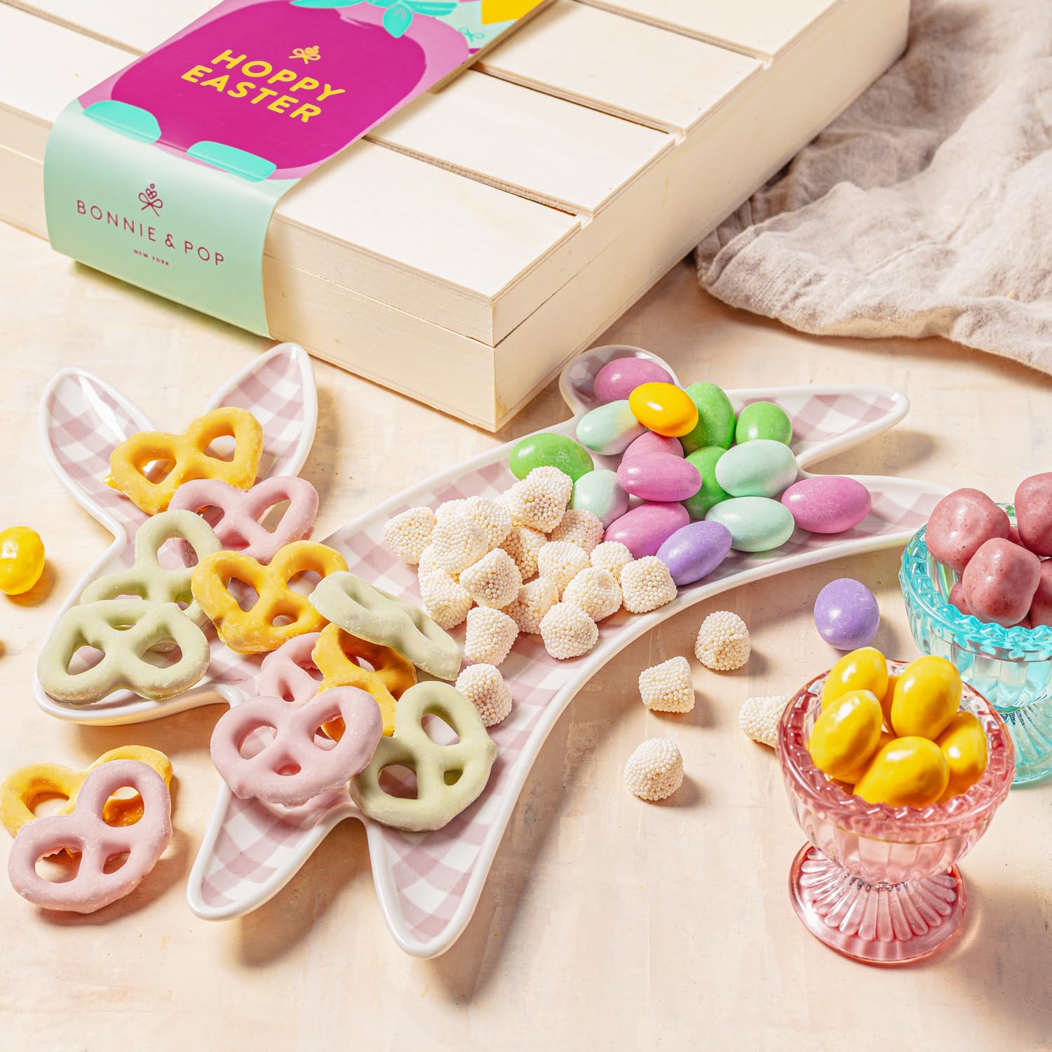 Easter Snack Board Gift Tray – Chocolate & Sweet Treat Assortment in Reusable Wooden Box – Spring Dessert Grazing Gift for Families, Brunch & Hosting- Bonnie and Pop