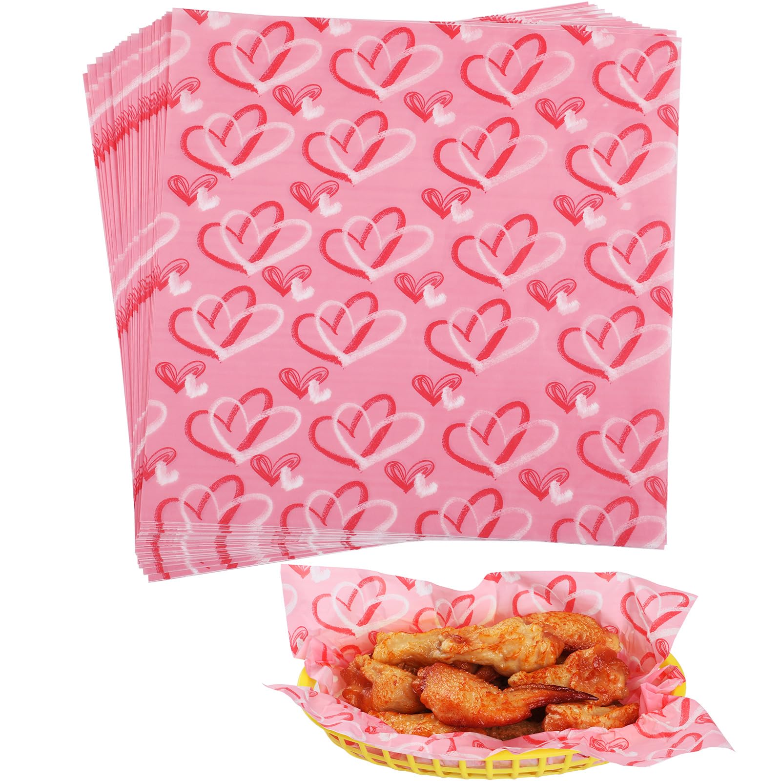 GeeRic Waxed Deli Paper Sheets 100 Pcs, Happy Valentine's Day Food Basket Liners for Sandwiches Fries 12 * 12 Inch,Wedding Burgers Deli Wrap Wax Paper Sheets Love Hearts Red