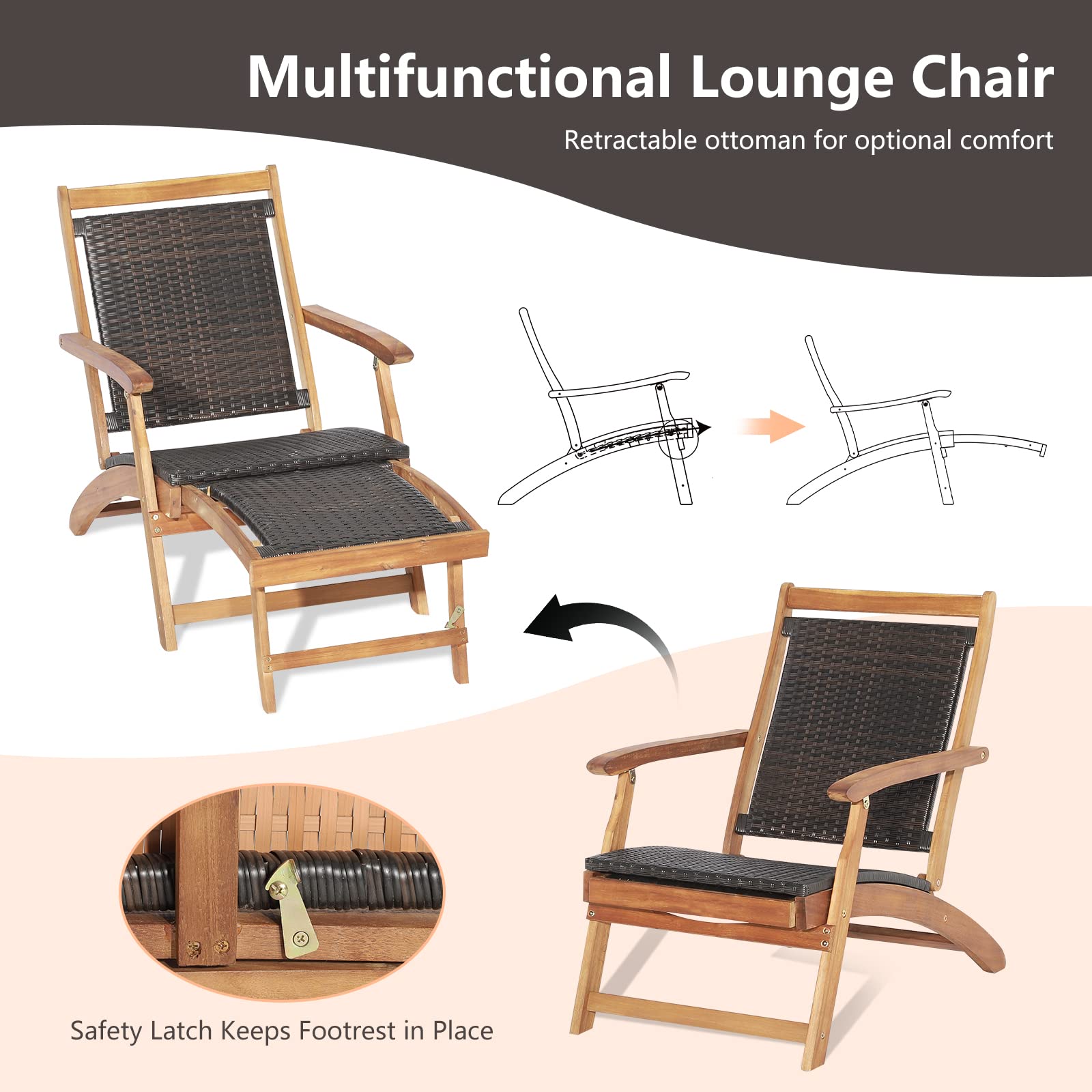 GIANTEX Juego de Tumbonas de Patio, Tumbona Plegable de Exterior de Madera con Mesa Auxiliar, Asiento y Tablero de Ratán con Reposabrazos y Otomana Retráctil para Patio, Piscina