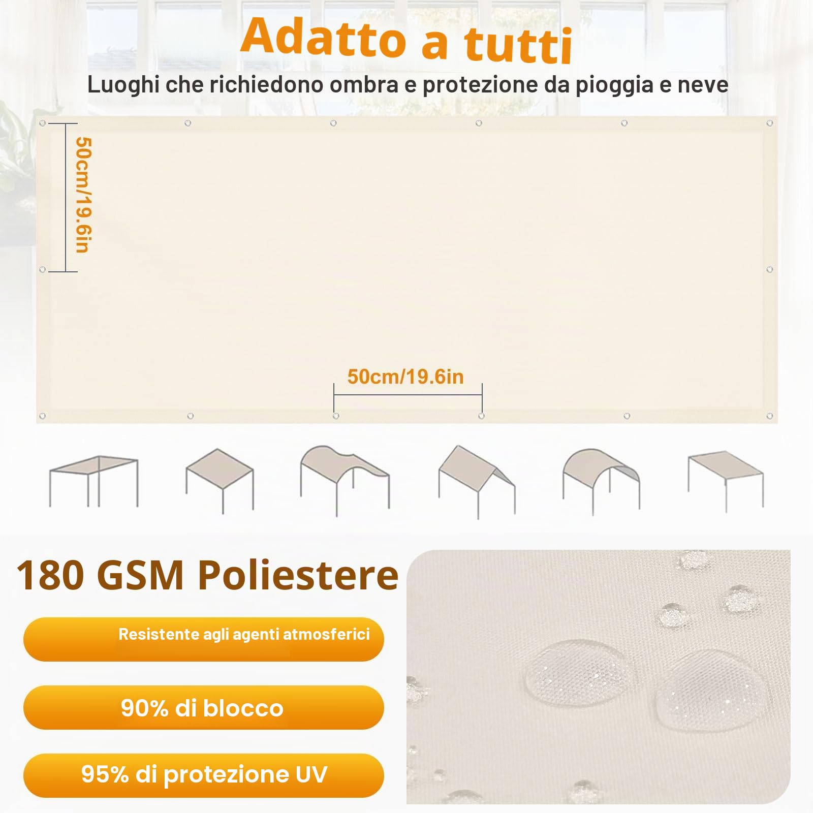 Tenda parasole per balcone, 3 x 4 m, rettangolare, da giardino, impermeabile, 95%, protezione UV, resistente alle intemperie, per balcone, terrazza, giardino, bianco crema