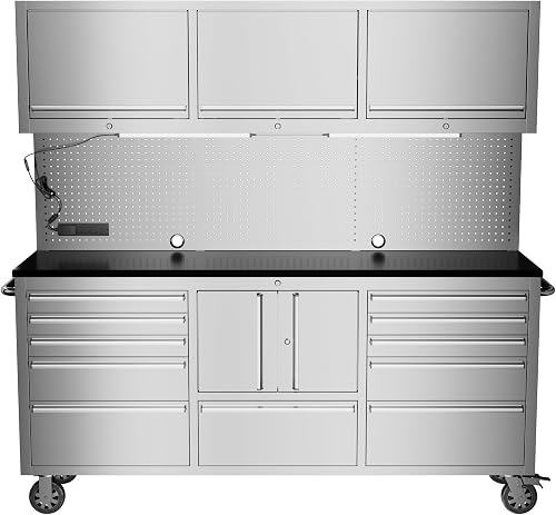 CHETTO C 72 Inch Stainless Steel Tool Chest - 11 Drawers, Double Door Cabinet with LED & Power Outlet CHETTO C 72 Inch Stainless Steel Tool Chest - 11 Drawers, Double Door Cabinet with LED & Power Outlet
