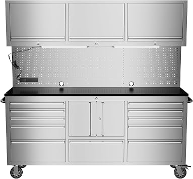 CHETTO C 72-inch Tool Chest with Wheel Lock with 11 Storage Drawers, One Double Door Cabinet, Outlet, LEDs, SS Pegboard for Garage Warehouse