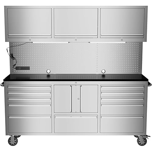 CHETTO C 72-inch Tool Chest with Wheel Lock with 11 Storage Drawers, One Double Door Cabinet, Outlet, LEDs, SS Pegboard for Garage Warehouse