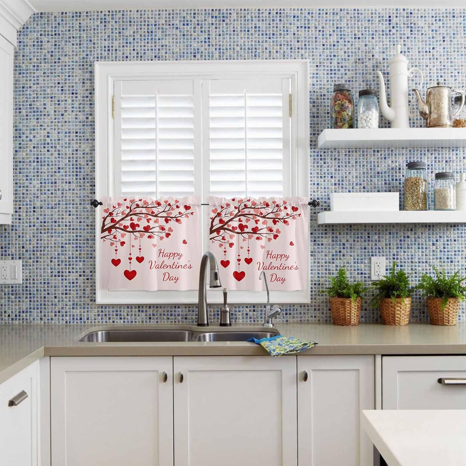 Valentines 3 Piece Kitchen Curtains Tiers and Valances Set Love Heart Tree Window Curtain Set Happy Valentiens Day Red Pink Rod Pocket Valance for Kitchen Bedroom Living Room 54 in x 24 in