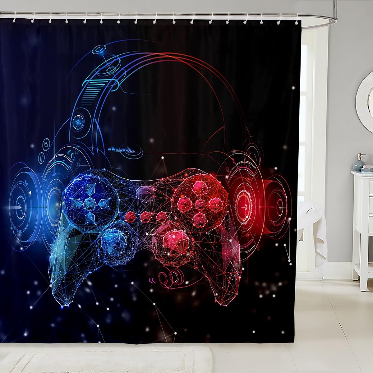 Erosebridal Red Blue Gamepad Shower Curtain Gaming Bath Curtain Geometric Line Bathtub Shower Curtain for Kids Boys Girls Teens Videogame Gamer Print Bathroom Sets 72" W x 72" L