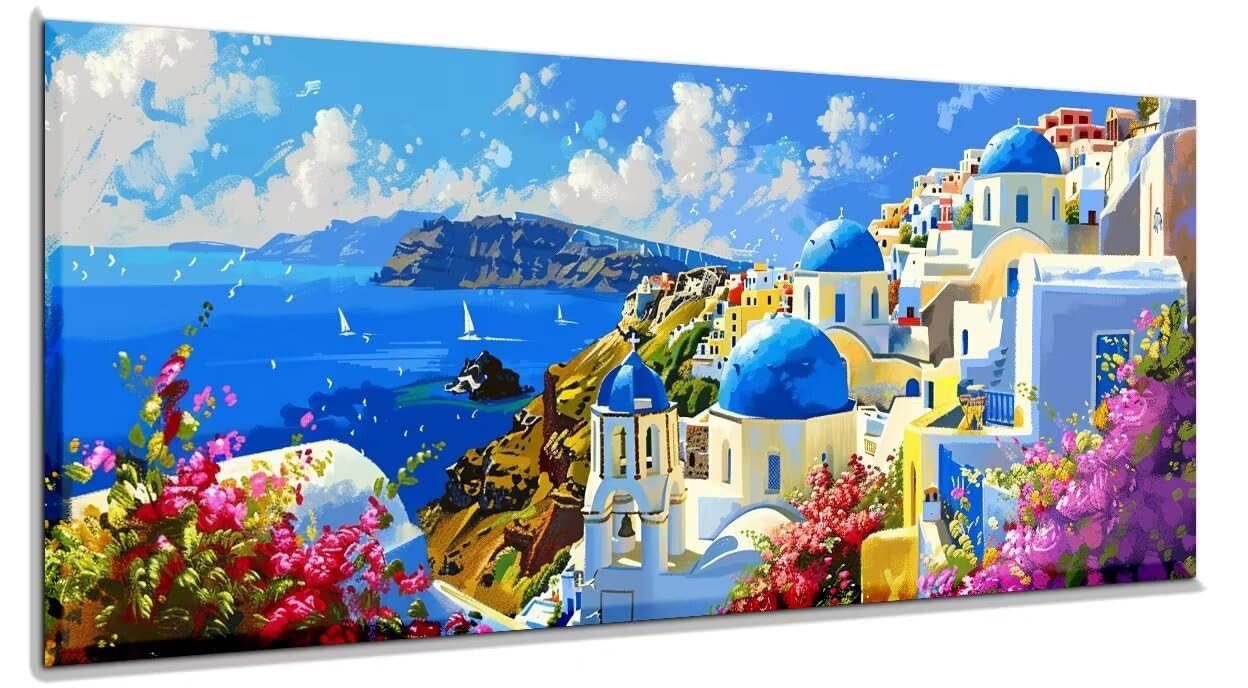 Déco Murale Peinture Numérique Kit Peinture Par Numéros Adulte Avec Cadre 30x40cm - Paysage Santorini, Toile Pré-Imprimée, Pinceaux Inclus