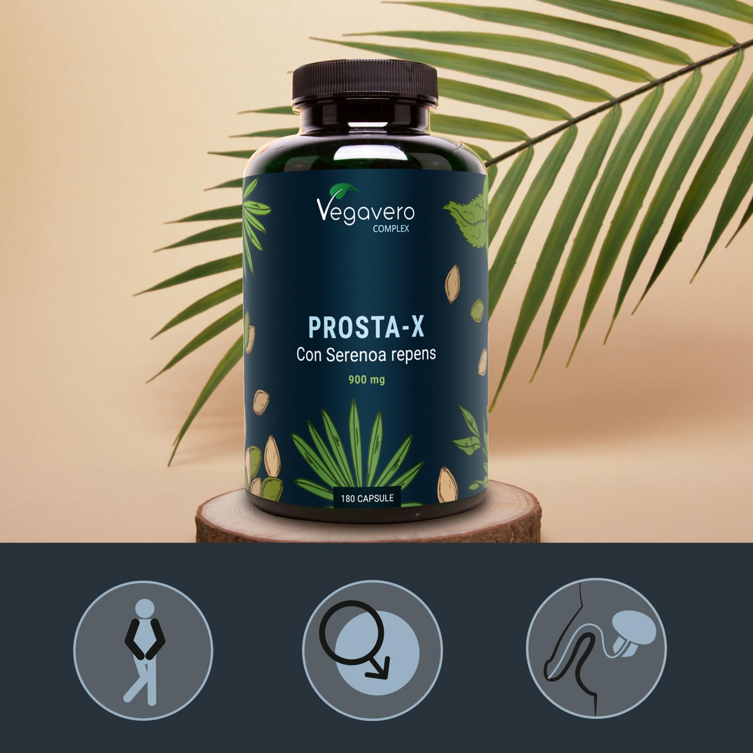 Apoyo Próstata Vegavero | Saw Palmetto 900 mg | Extracto 20:1 | 180 Cápsulas | Con Ortiga Verde, Sauzgatillo, Calabaza | Salud Vías Urinarias | Vegano