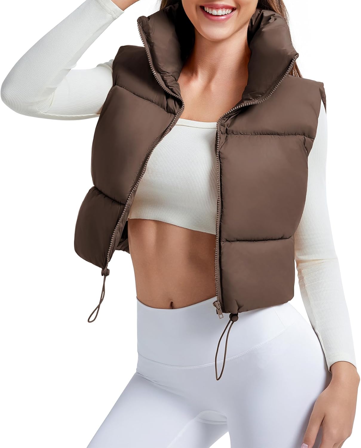 CULACCINO Women's Winter Cropped Puffer Vest Crop Jackets For Women Full Zip Stand Collar Padded Lightweight Outwear Vest