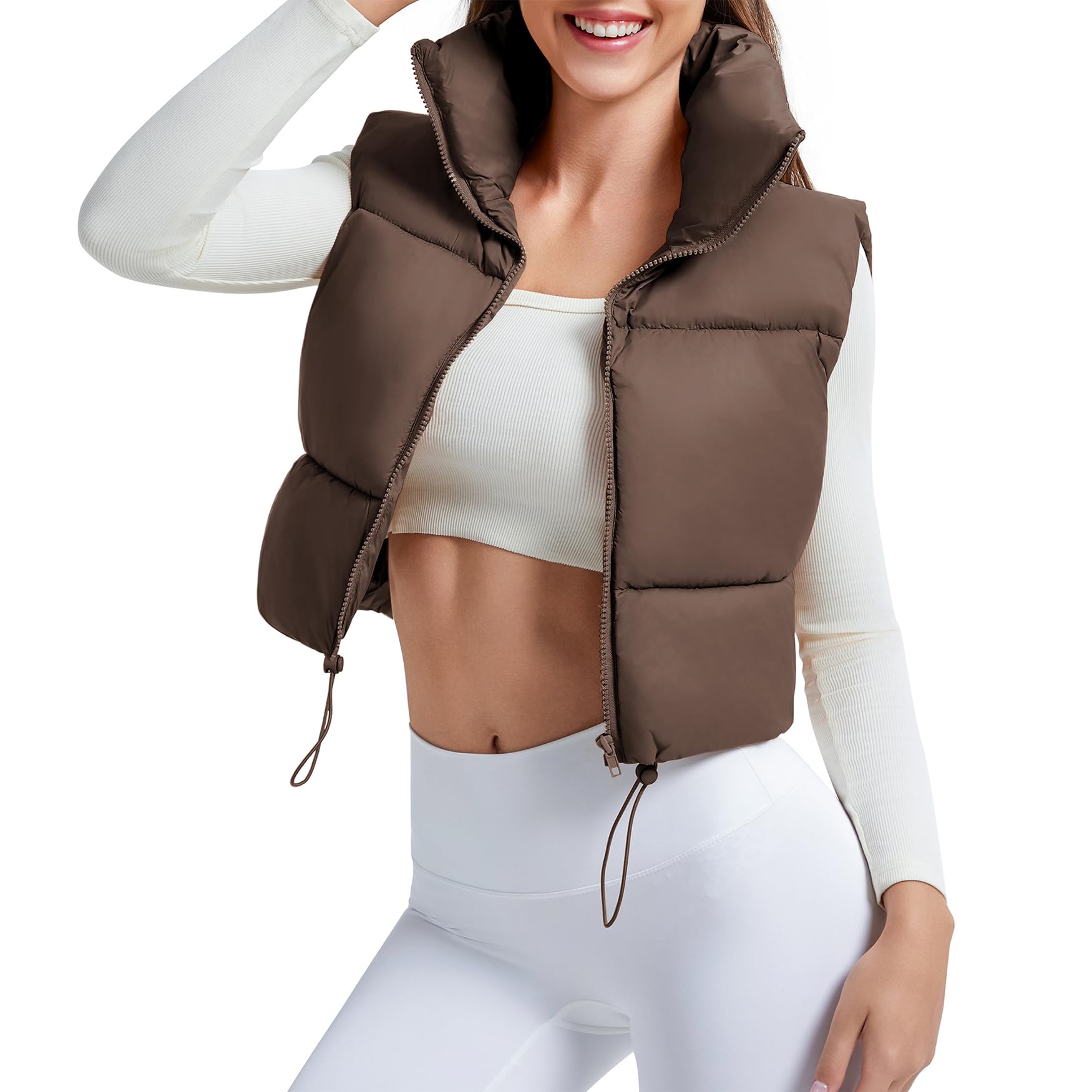 CULACCINO Women's Winter Cropped Puffer Vest Crop Jackets For Women Full Zip Stand Collar Padded Lightweight Outwear Vest