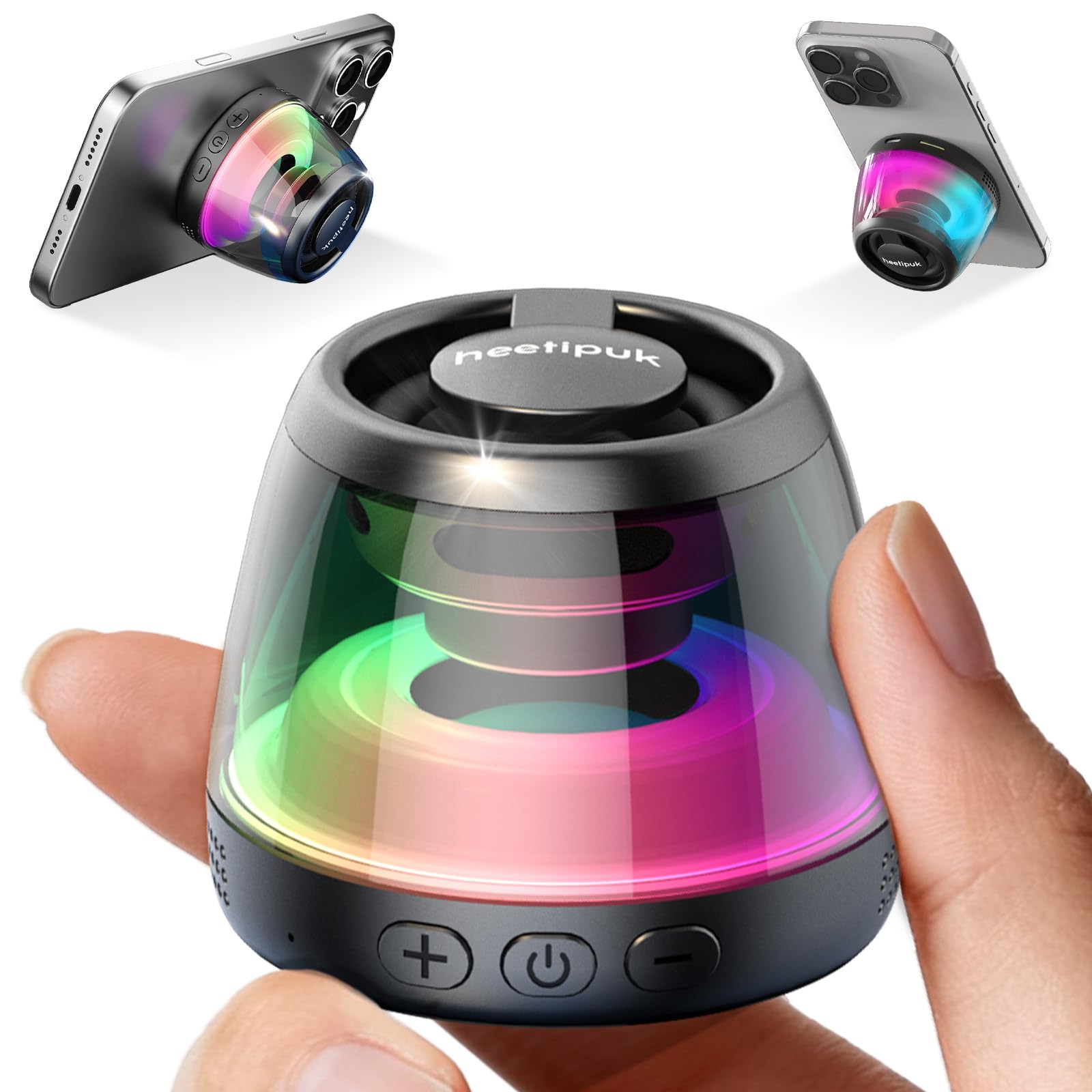 Mini Magnetic Bluetooth Speaker, Loudspeaker with Bass Diaphragm, 5W Internal-Magnet Speaker, 7H Playtime,TWS, RGB Light, TF Card Slot, Including Magnetic Ring and Lanyard, As Phone Stand