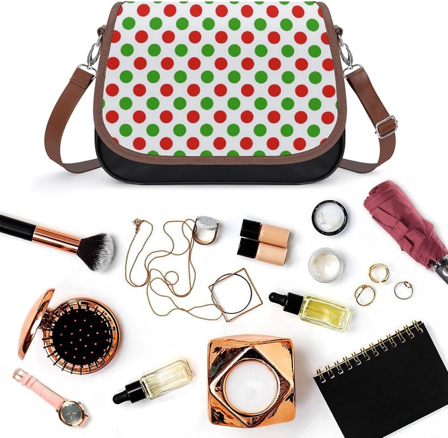 Red Green Polka DotsWomen's Faux Leather Crossbody Bag, Waterproof Wrinkle-Resistant Shoulder Bag with Detachable Strap, Large Capacity Casual Handbag, Fashion Daily Purse for Shopping Work Dating, Id