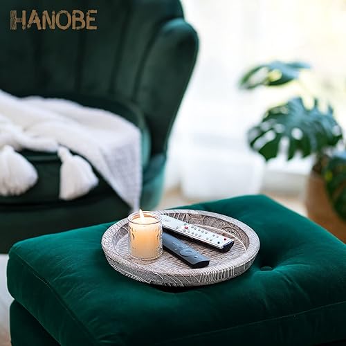 Miniatura 59 de Hanobe Bandeja de madera rústica: bandeja decorativa redonda de madera para mayordomo, centro de mesa, bandejas portavelas, bandeja otomana