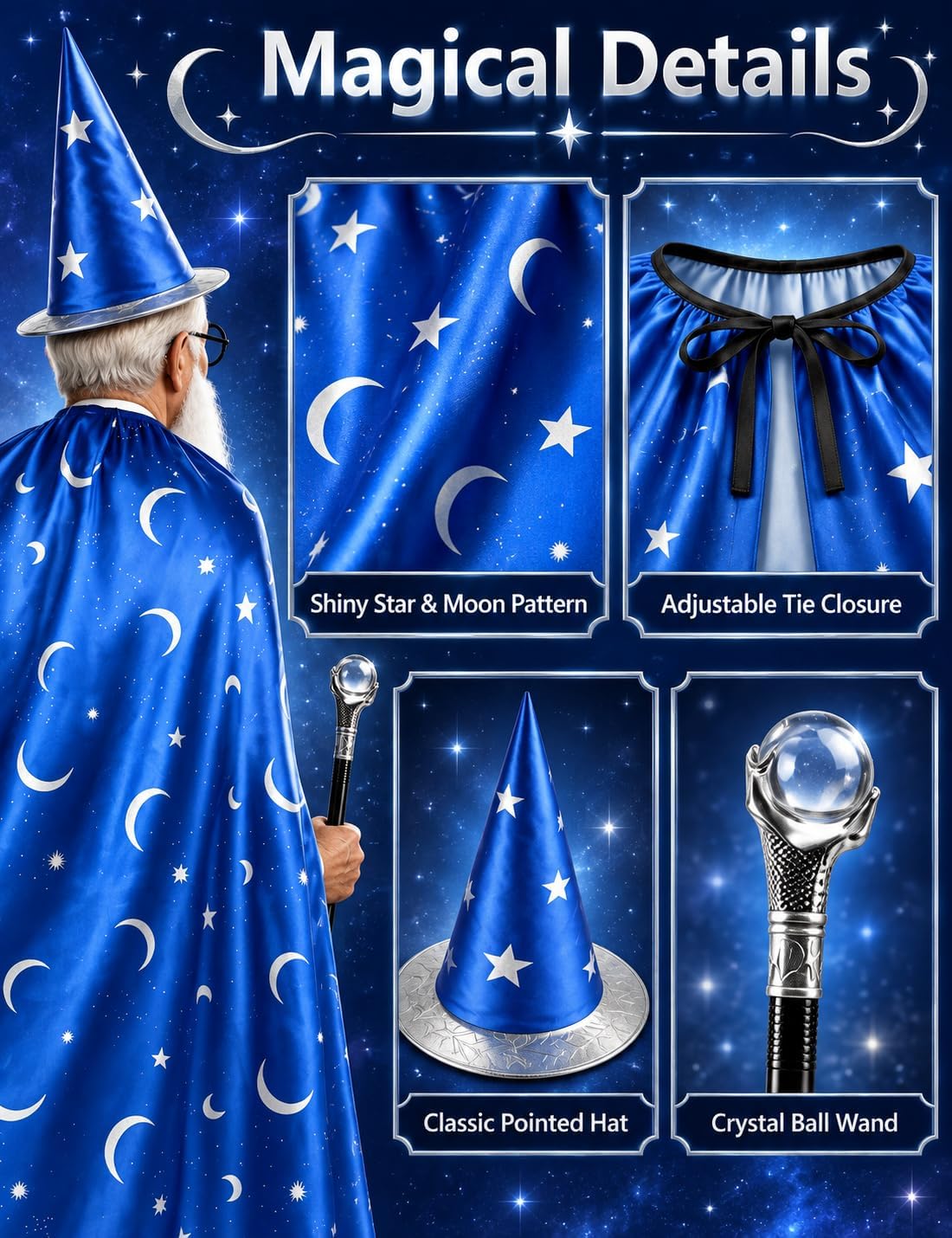 Wizard Costume Adult Men 5Pcs Halloween Blue Star Moon Magician Accessory