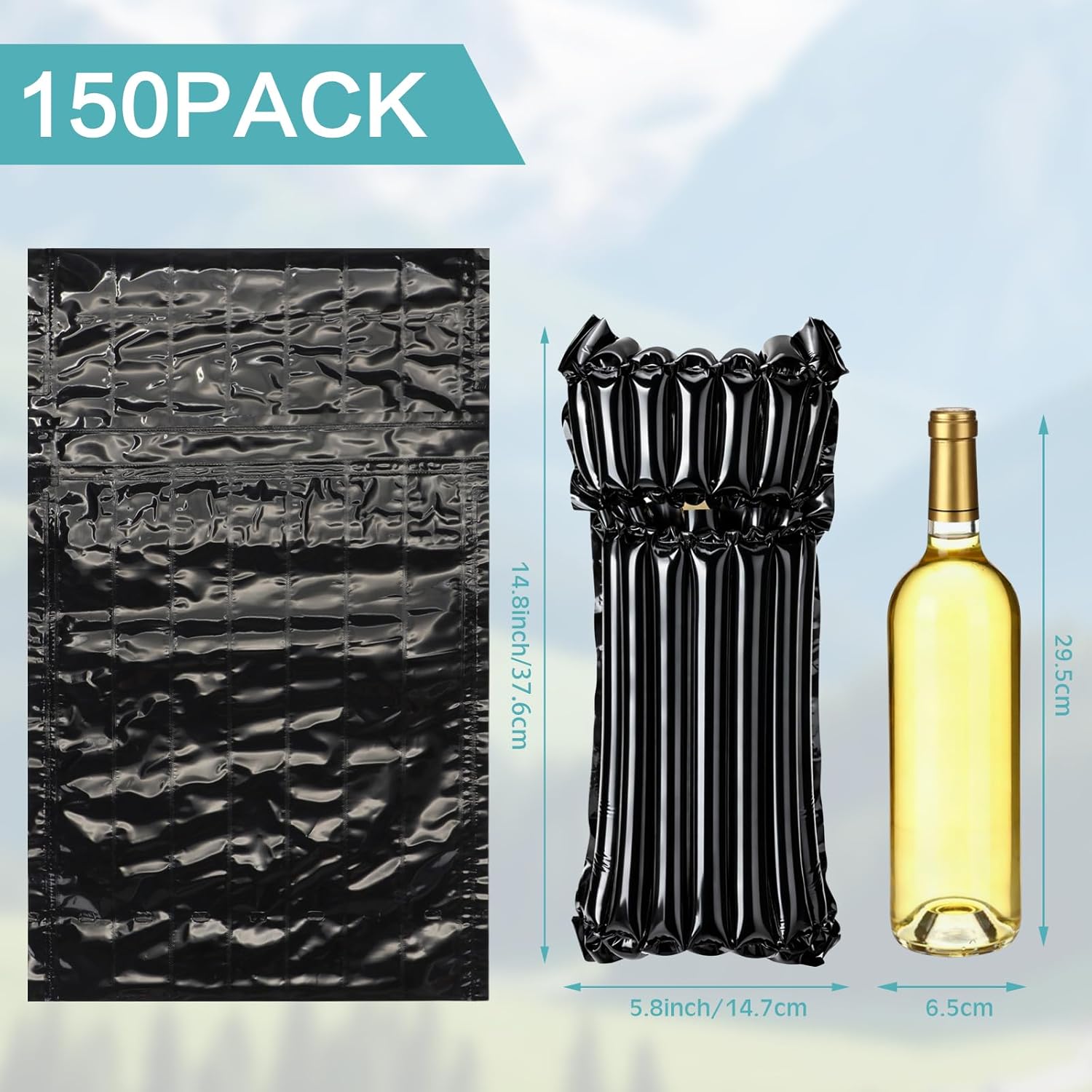 Berlune 150 Pcs Wine Bottle Travel Protector Bags Inflatable Bubble Cushion Wrap Wine Packing for Travel Air Filled Column Packaging Shipping Sleeves Wrap Pouches with Reusable Inflator Pump (Balck)
