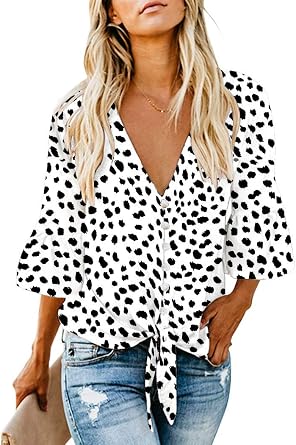 Kancystore Womens Button Down V Neck Tie Knot Front Tops Chiffon Blouses