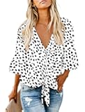 Kancystore Womens Button Down V Neck Tie Knot Front Tops 3/4 Sleeve Chiffon Casual Blouse Shirts