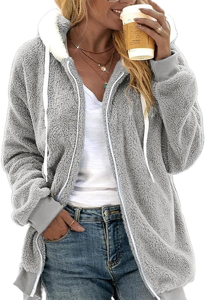 Women's Fleece Jackets Fluffy Warm Hooded Sweatshirt Oversized Fall Winter Zipper Coats Outwear for Women