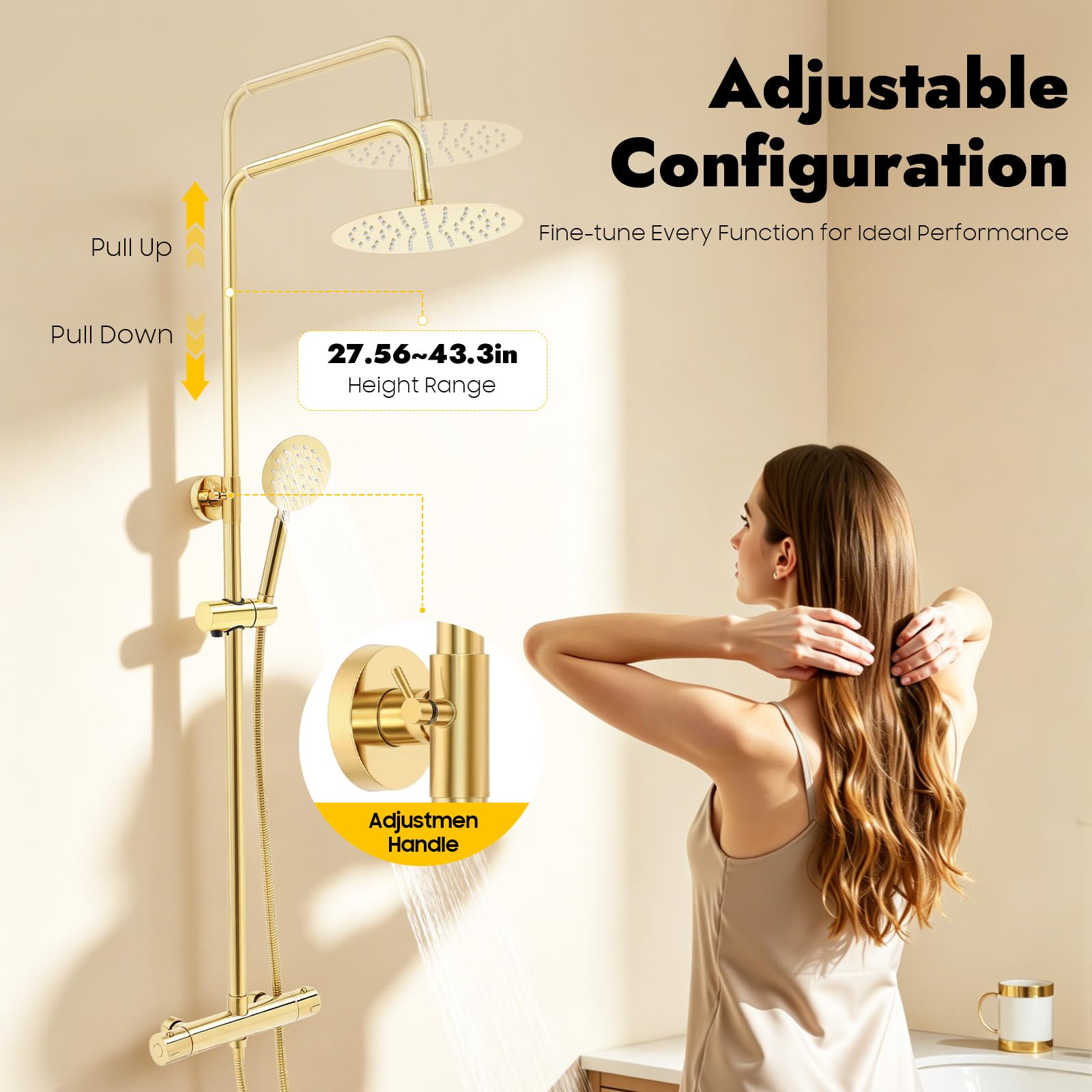 Colonna doccia Termostatica Oro, Doccia A Pioggia A Parete 7,87 Pollici 360° con Doccetta 2 Modalità e Flessibile 1,5 m, Miscelatore A Parete Ottone Inox 304 per Bagno