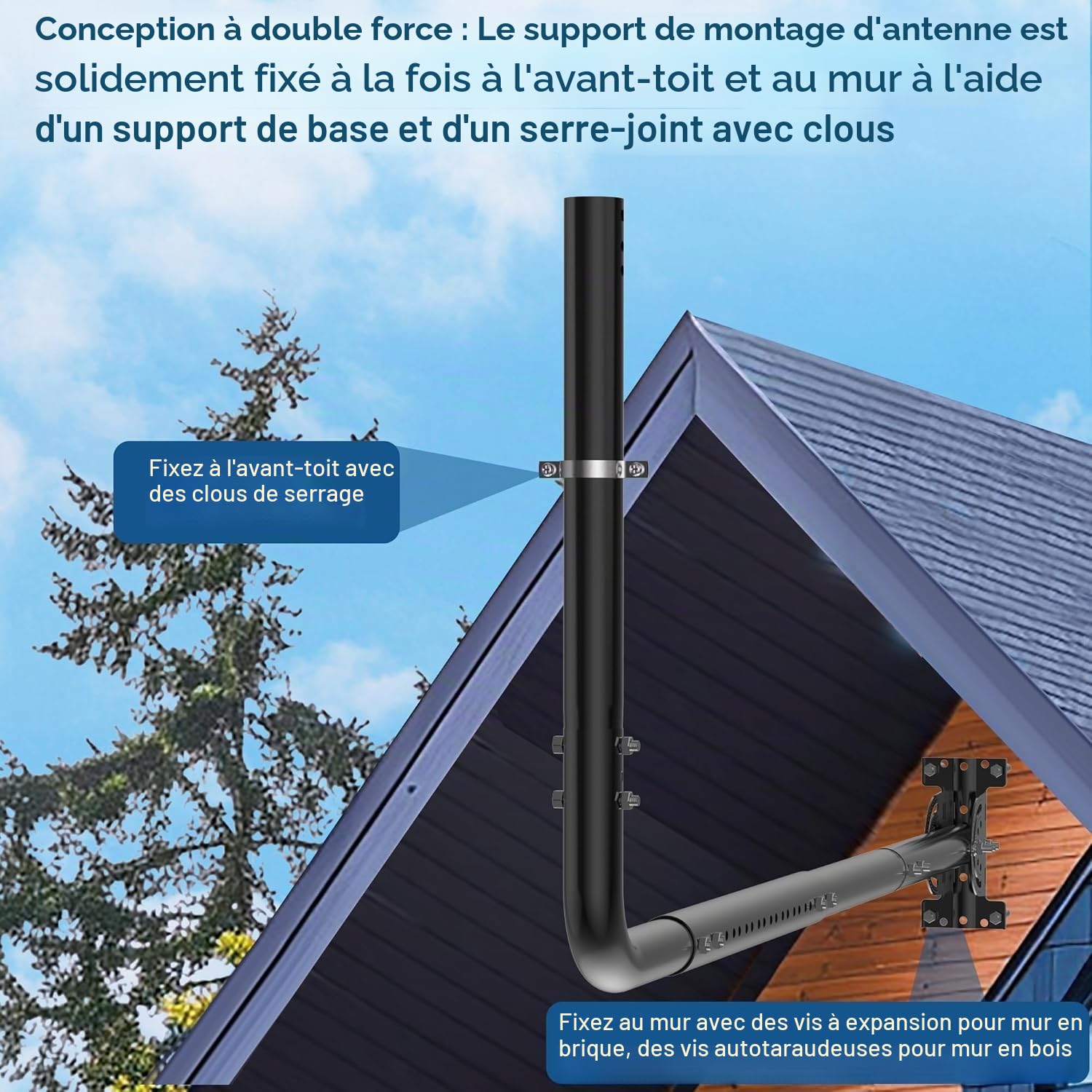 Support mural réglable pour antenne avec coude à 90 degrés, tube d'extension et écrous de fixation, convient pour antennes TV externes et amplificateur WiFi Starlink Noir