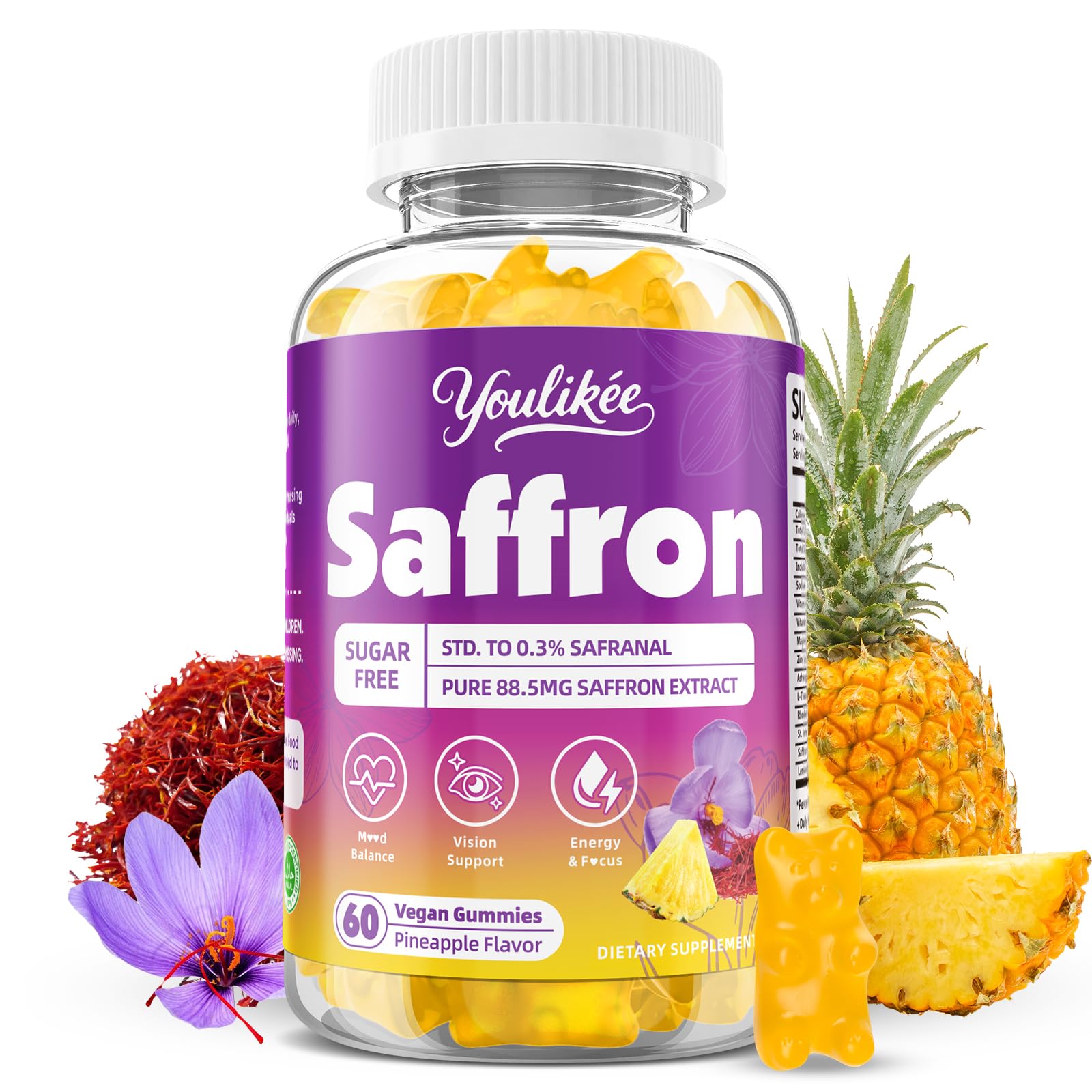 Saffron Gummies 88.5mg, Pineapple Flavor, 60 Count
