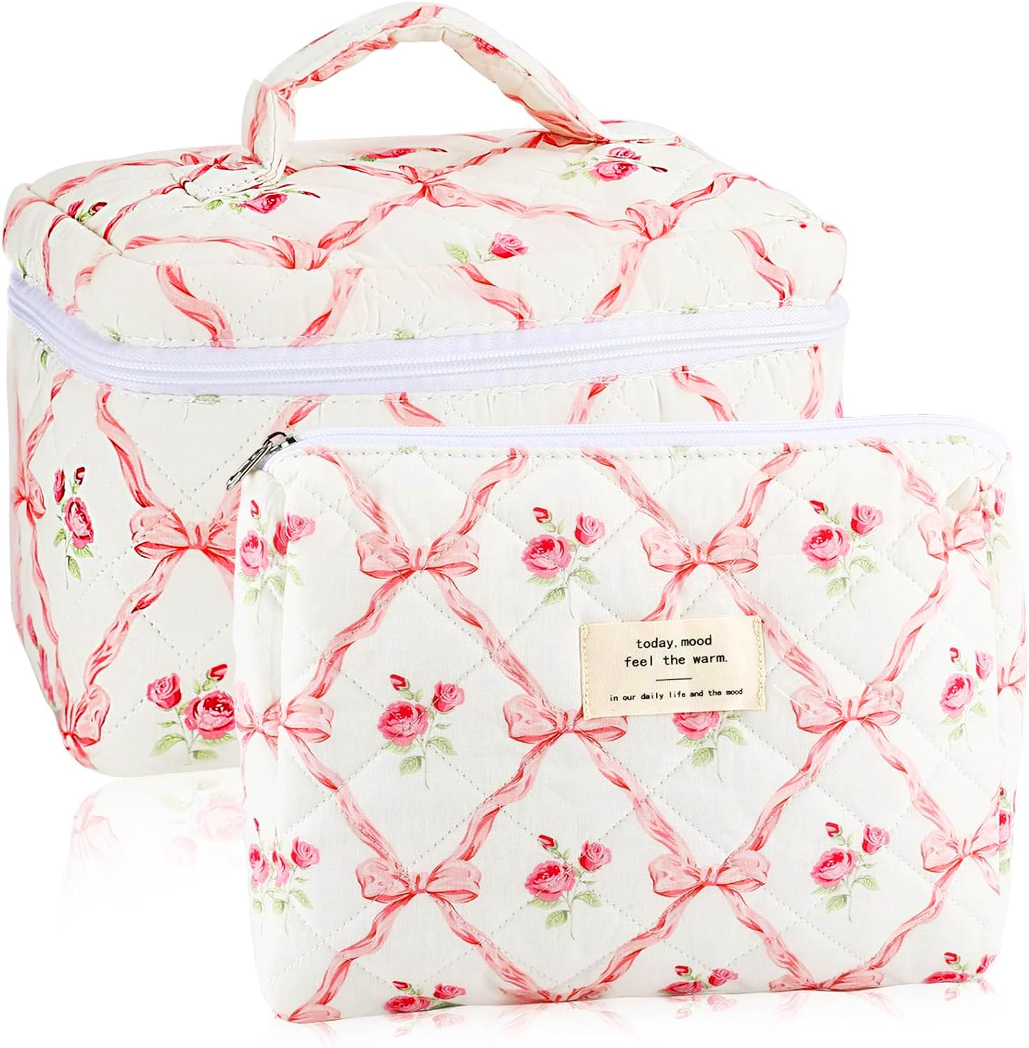 URSKYTOUS 2Pcs Cotton Quilted Makeup Bag for Women Girls Large Small Travel Floral Cosmetic Bags Set Cute Coquette Pink Makeup Pouch for Purse