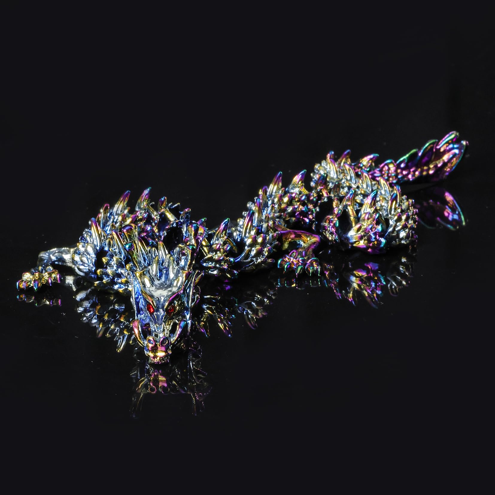 LIYAOLI Metal 3D Printed Articulated Chinese Dragon Figurine Statue Bookshelf Decor 9 Inch Three Color Flexible Joints Luck Dragon for Home Office Desk Decoration