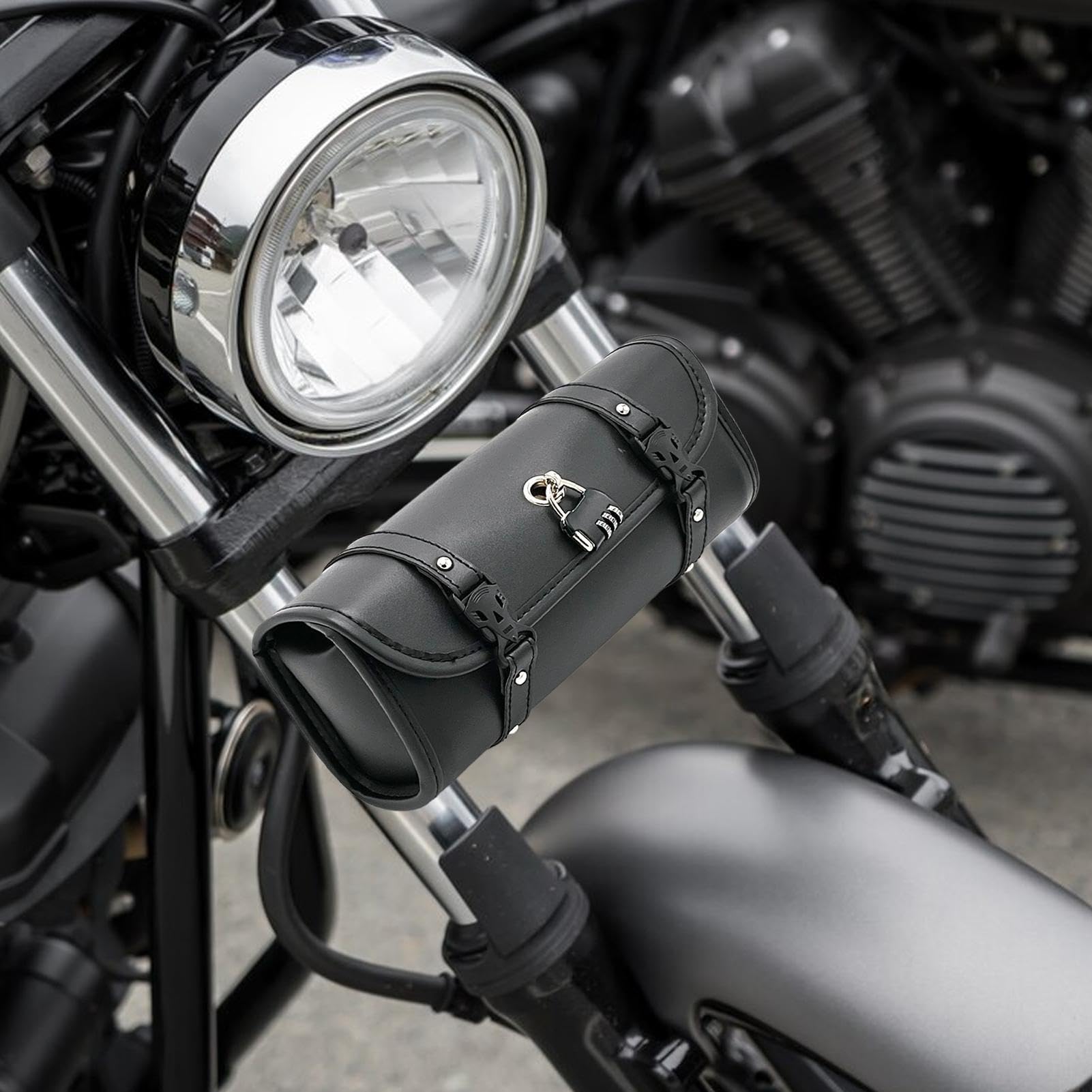 Sacoche de guidon de moto - Sacoche de selle de fourche avant - Sacs imperméables en cuir PU - Ensemble de moto rétro cool - Fourches avant verrouillables - Kit de rangement pour tourisme, trajets