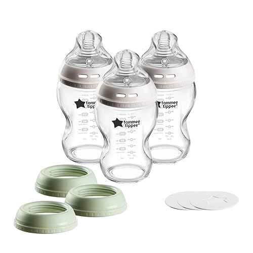 Tommee Tippee Natural Start - Juego de biberón, taza o tarro de cristal, 9 onzas, pezón de flujo lento para un cierre natural, tapas de tarro de