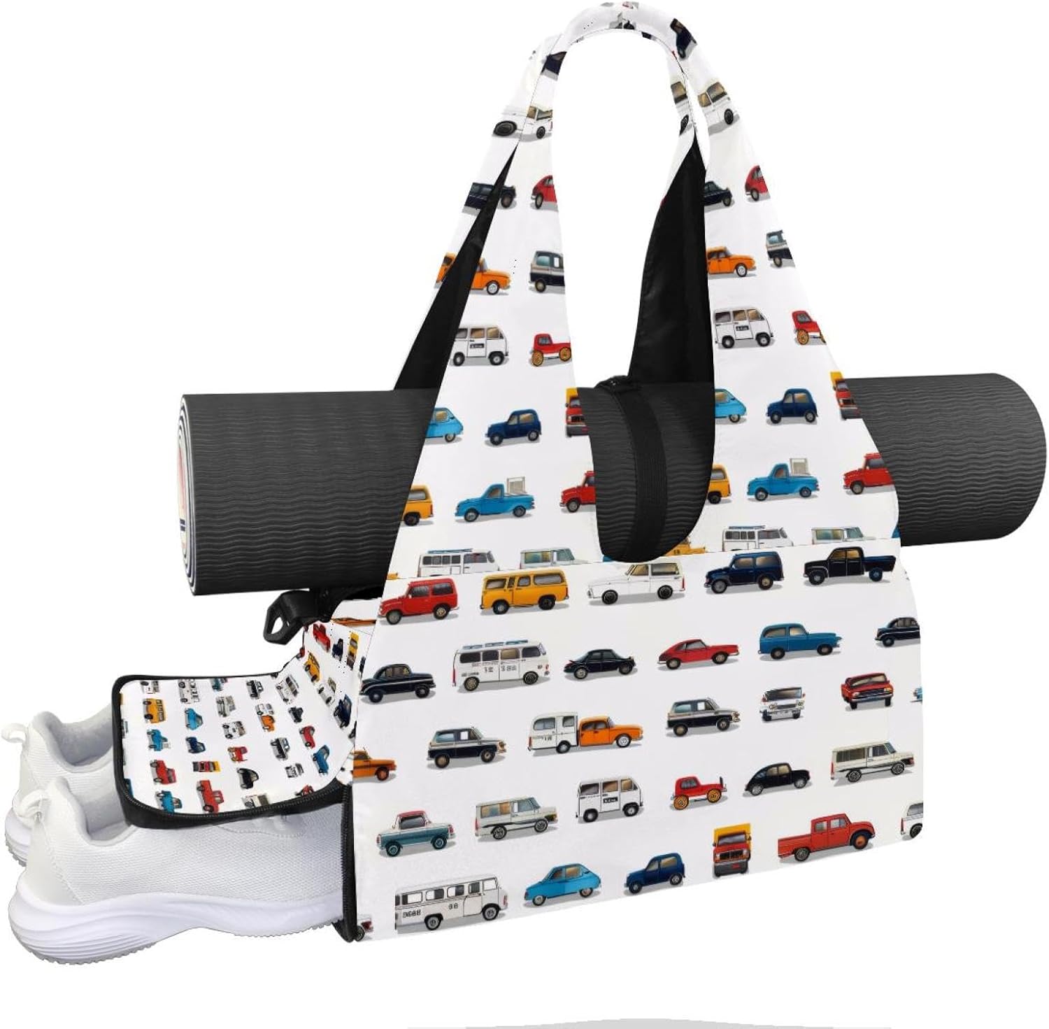 Gym Bag for Women, Cartoon Dinosaurs Yoga Mat Bag with Shoe Compartment, Sport Yoga Gym Bag with Yoga Strap, Carryall Yoga Tote Bag
