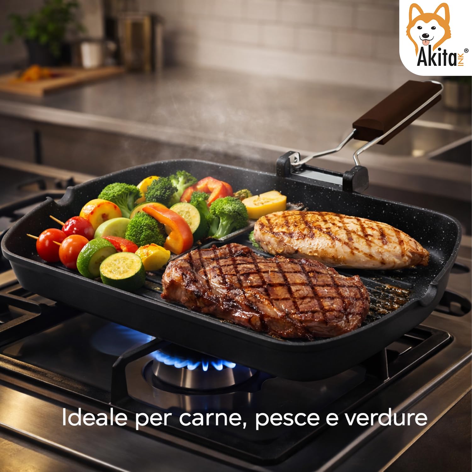 AKITAInk Bistecchiera in Alluminio Pressofuso Antiaderente Quadrata e Rettangolare, Ideale per Carne, Verdure e Grigliate, Compatibile con Induzione, 26x36 cm