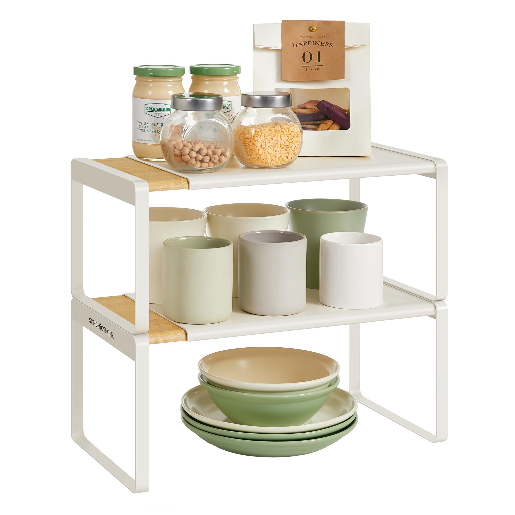 Songmics Home Light Bamboo + Cream White Spice Racks, Set Of 2, Extendable Kitchen Organiser Shelves, Cupboard Organiser, Countertop, Small, Stackable, Tabletop Storage, Shoe Rack, Light Bamboo And Cream White Kcs051n01