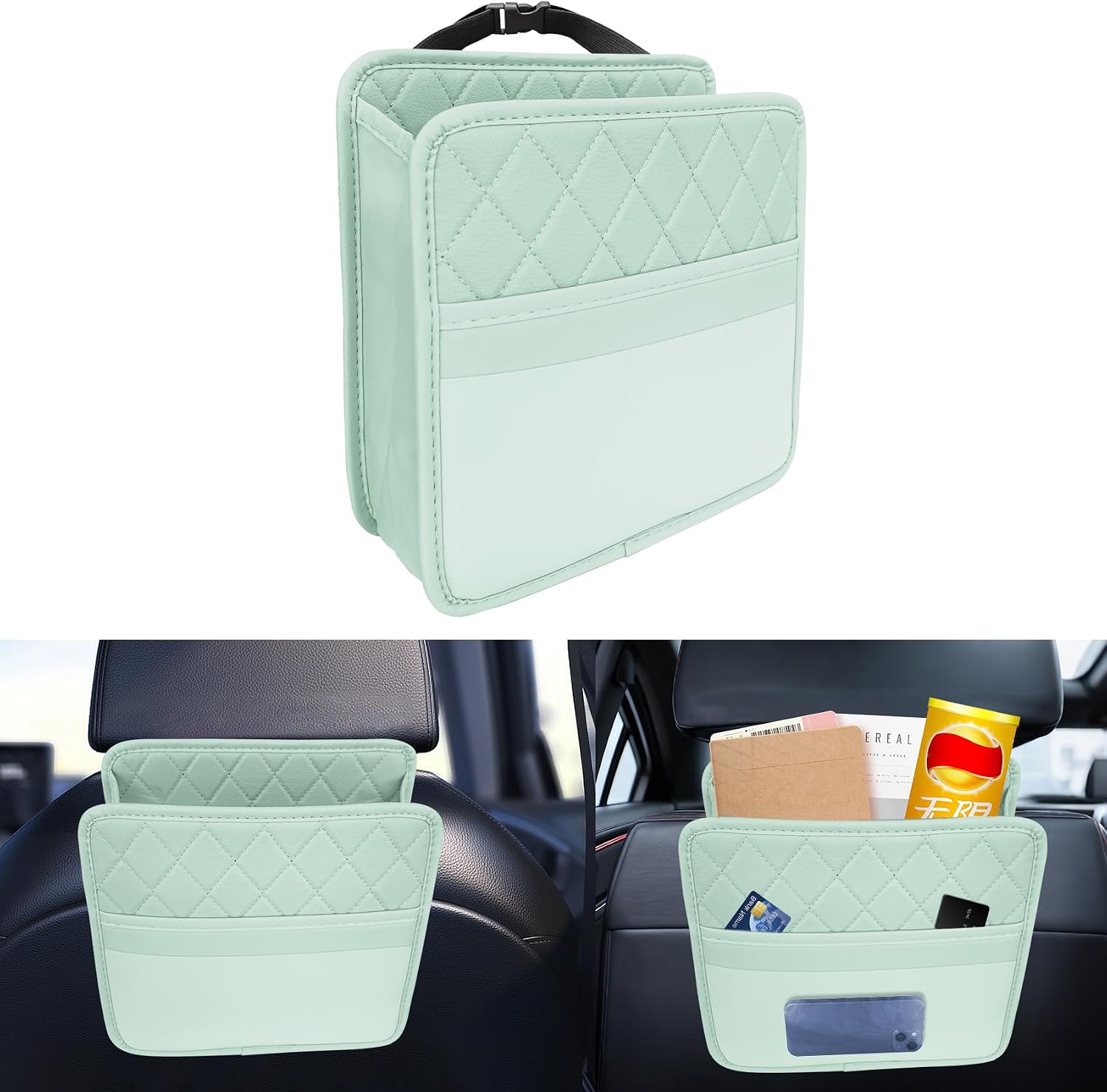 Car Seat Back Organizer, Car Organizers and Storage, PU Leather Vehicle Backseat Hanging Storage Pocket, Auto Accessories Multifunctional Seat Back Hanging Bag for Most Vehicles (Green)