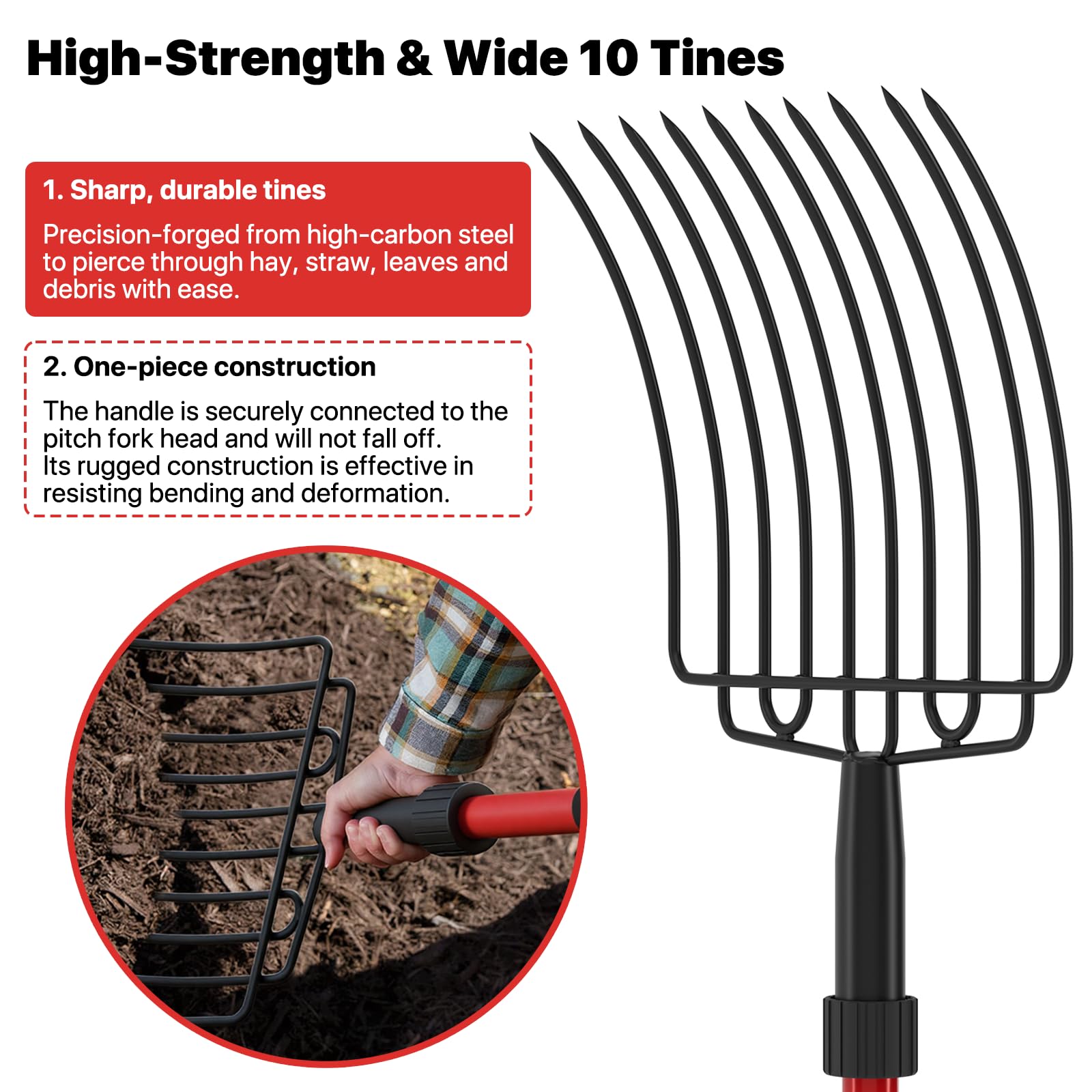 Cosita Forcone da Giardino Largo con 10 Denti in Metallo, Resistente, con Manico in Fibra di Vetro, 111 cm, per Letame, pacciamatura, compostaggio, Rosso