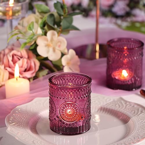 Miniatura 3 de DARJEN Juego de 36 portavelas votivas moradas de vidrio a granel para velas de té, velas votivas en relieve para centros de mesa de boda, fiesta y
