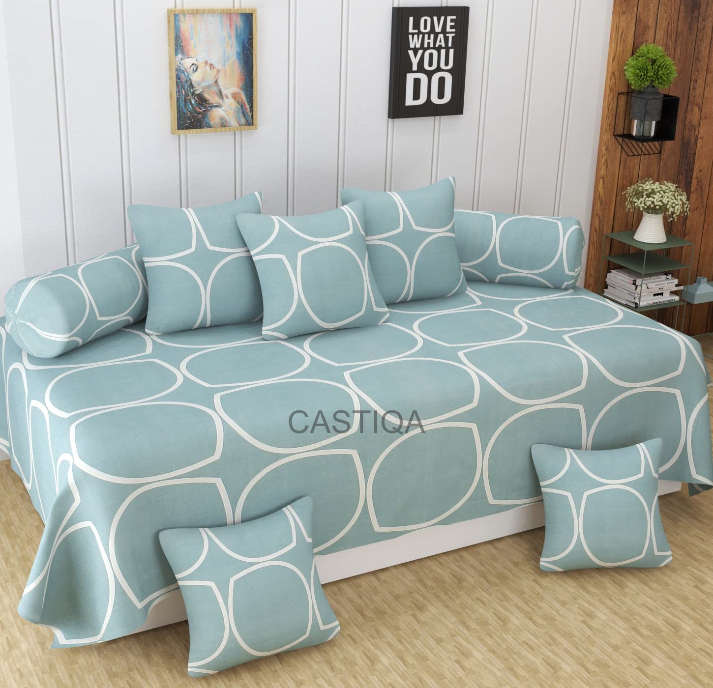 Castiqa Microfibre Cotton Elegant Patterns 8 Pieces Diwan Set Covers - Bedsheet, 2 Bolsters and 5 Cushion Covers (Camel with Piping, Standard)-image-34