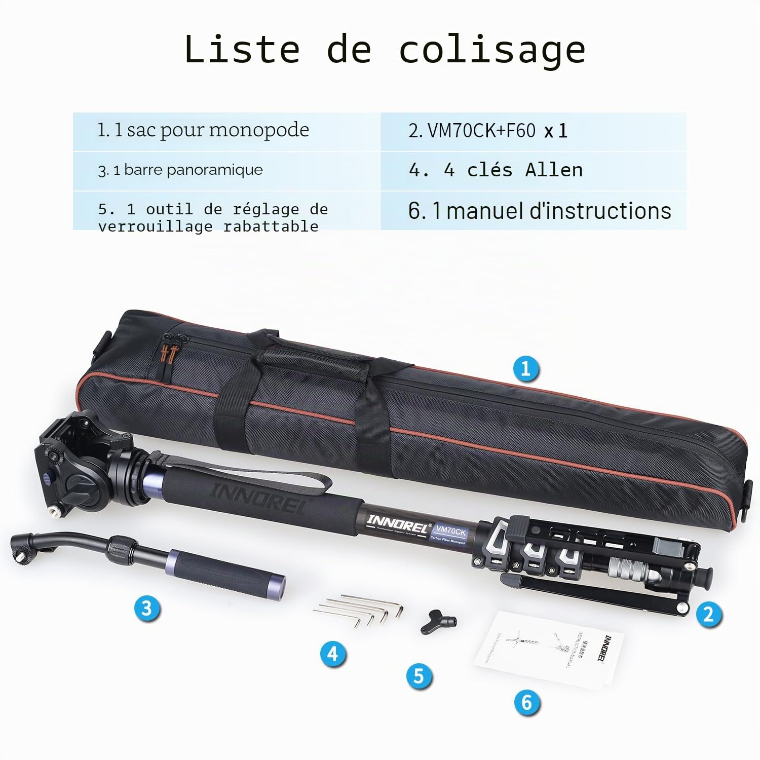 INNOREL VM70CK Monopode en Fibre de Carbone pour Caméra Télescopique avec Tête Fluide et Base Tripode Pliable