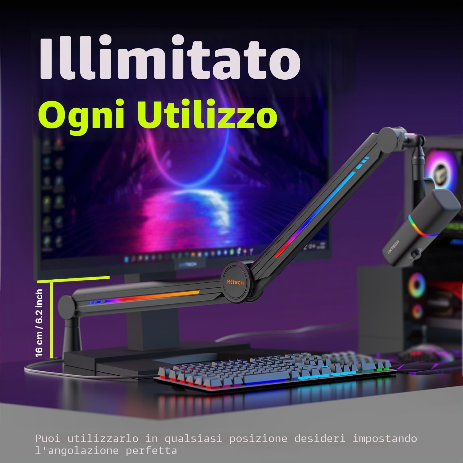 IXTECH Supporto per microfono RGB ad alto profilo, braccio per microfono da scrivania, supporto regolabile per microfono con supporto da scrivania, braccio per microfono per live streaming gaming