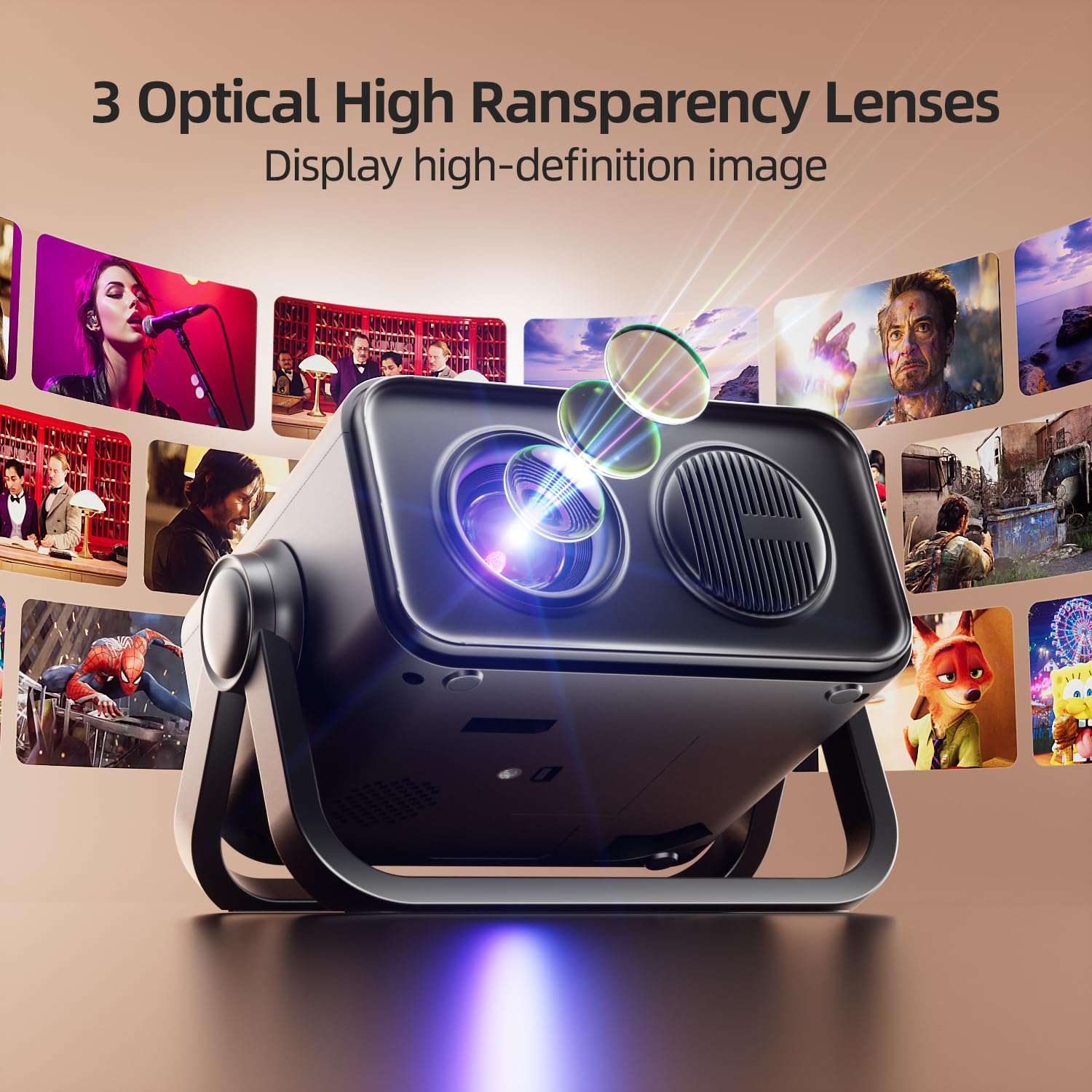 BKZ 2025 Mise à jour 360° Réglable Double Support AI Auto Keystone Electric Focus Mini Projecteur Portable avec Bluetooth 5.4, Support 1080P Projecteur de Film en Plein Air Dernière Intervention